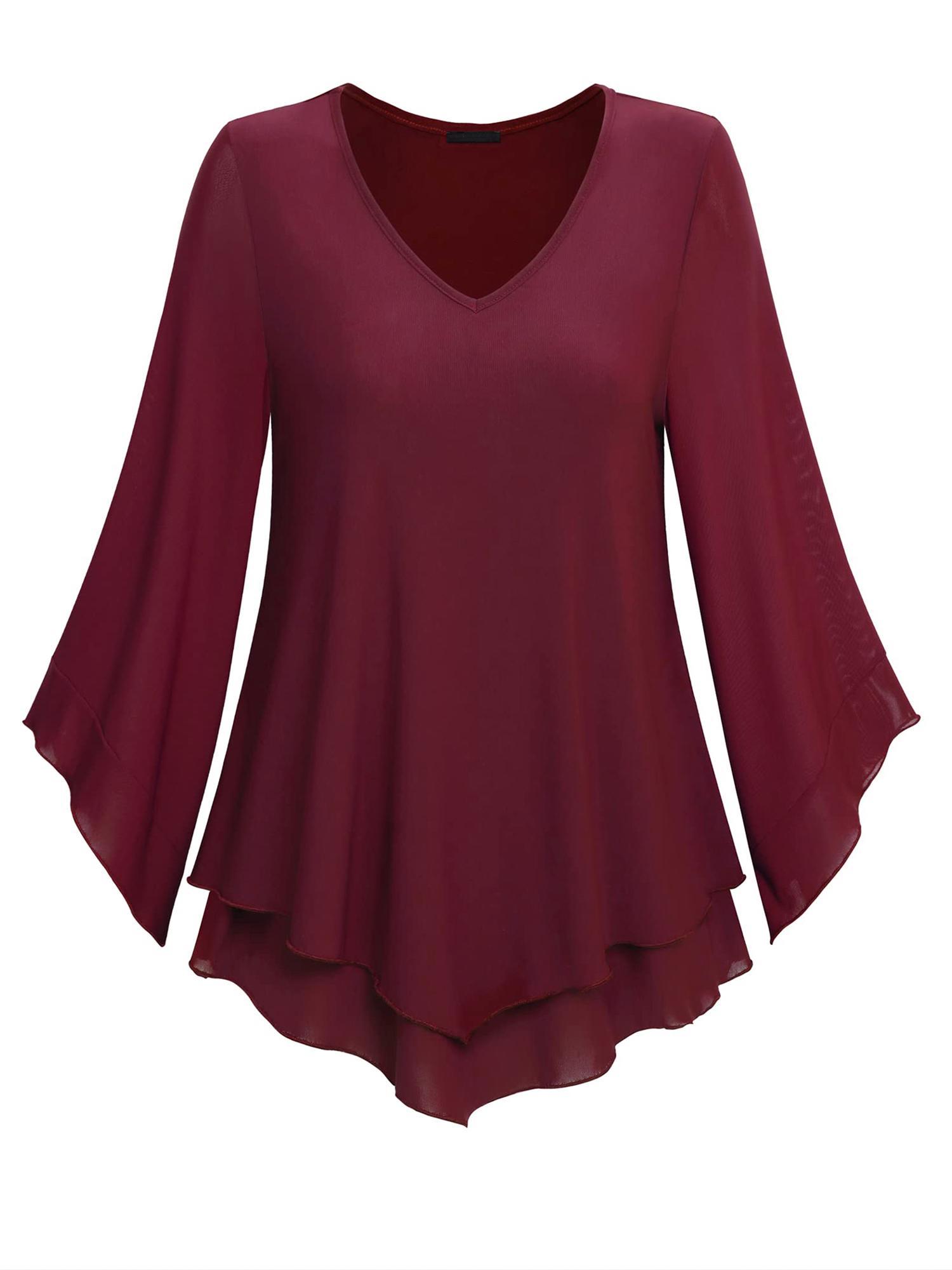 tooluck Womens Blouse Double Layers Mesh Shirt Ruffle 3 F4 Flared Sleeve Tops