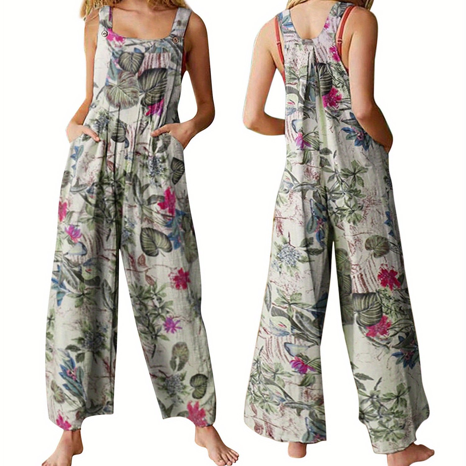 Vintage Chic Floral Print Square Neck Sleeveless Overall Jumpsuit - Stylish Button Decor, Pockets, and Comfortable Design for Spring and Summer - Women's Fashion Clothing for Casual Occasions