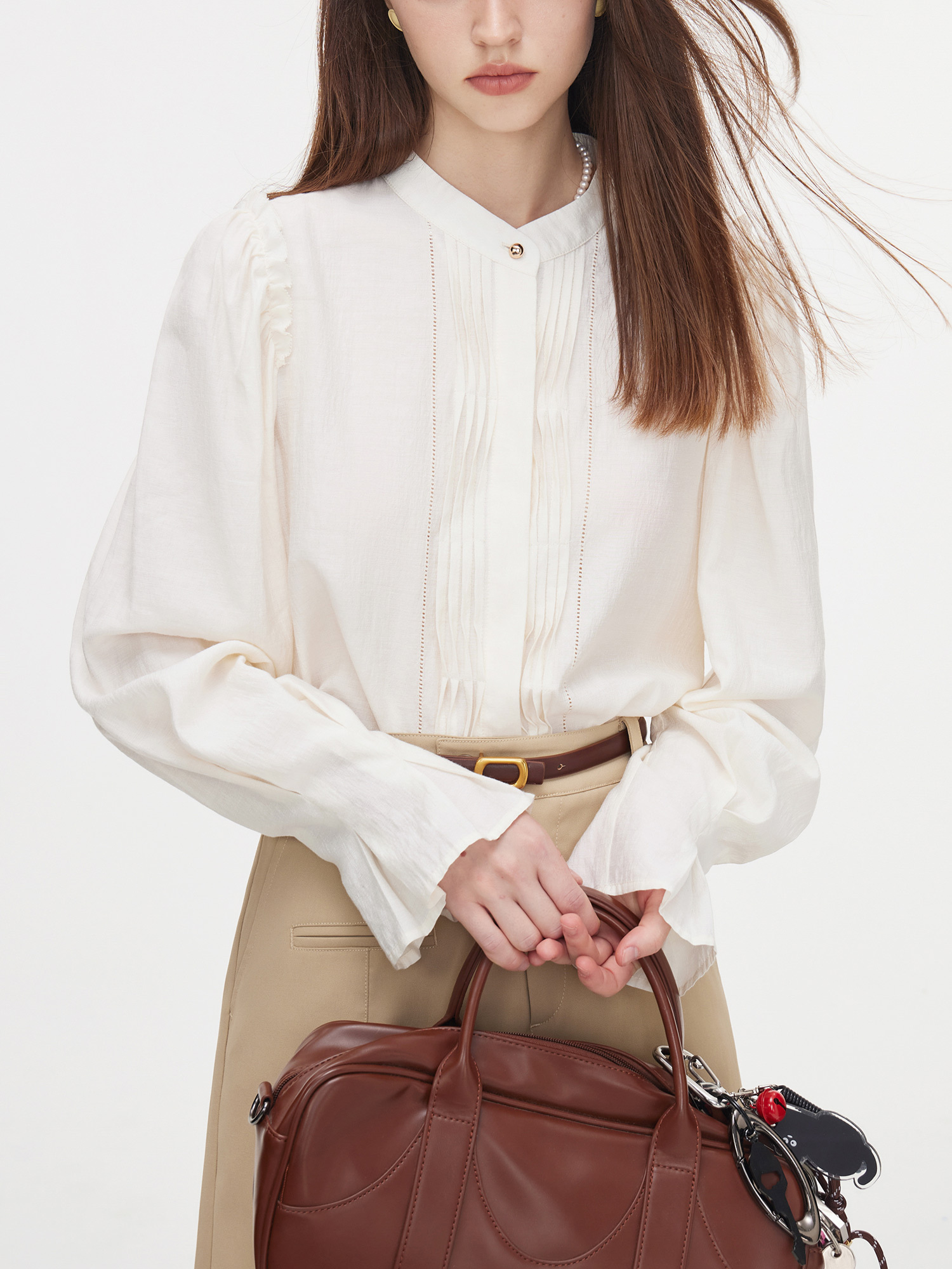Elegant French-Inspired Women's Blouse - Long Sleeve With Stand Collar & Pleated Detail, Non-Stretch Viscose Blend, Perfect For Fall
