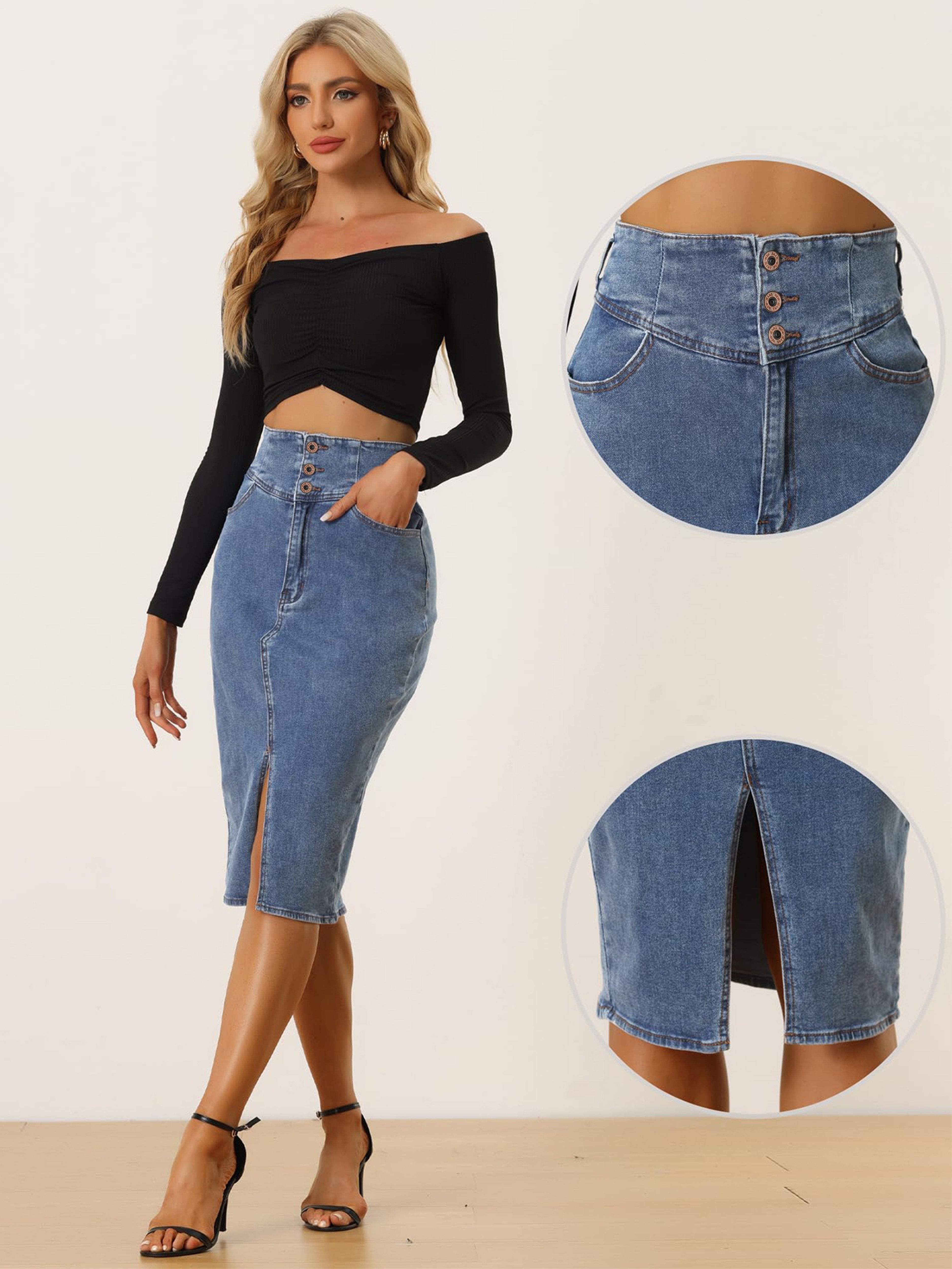 High Rise Single-breasted Elegant Style Split Front Plain Washed Blue Bodycon Denim Skirt, Women's Denim Jeans & Clothing