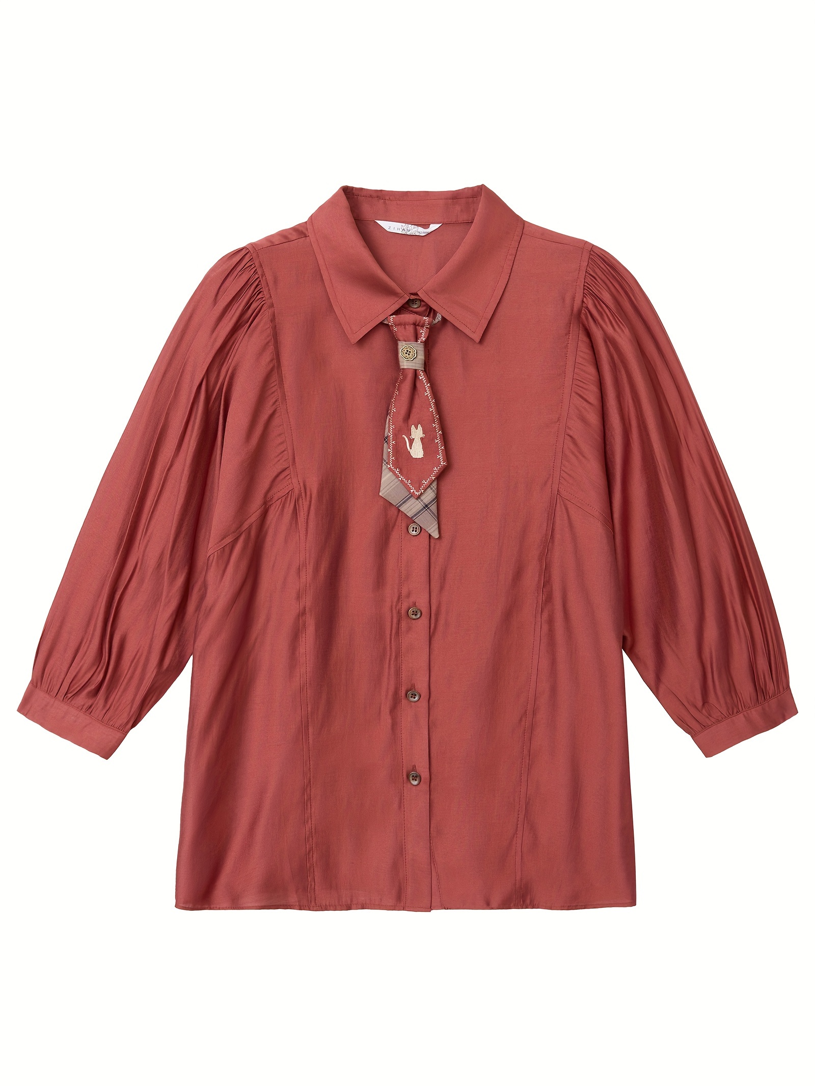 Pintuck Flat Collar Button Front Shirt, Vintage & Leisure Tight Cuff Solid Color 3 F4 Sleeve Shirt With A Tie For Spring & Summer, Women's Clothing