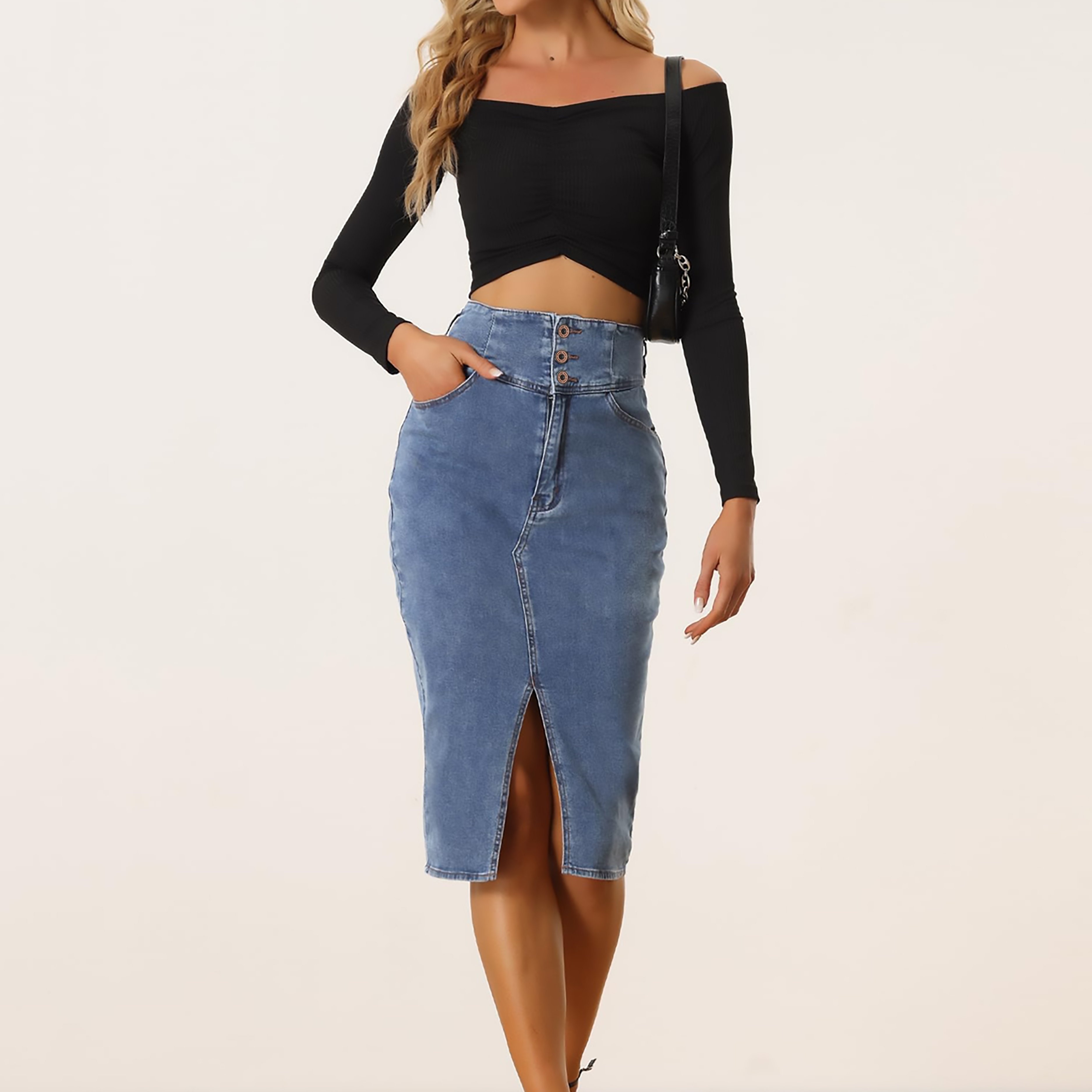 High Rise Single-breasted Elegant Style Split Front Plain Washed Blue Bodycon Denim Skirt, Women's Denim Jeans & Clothing