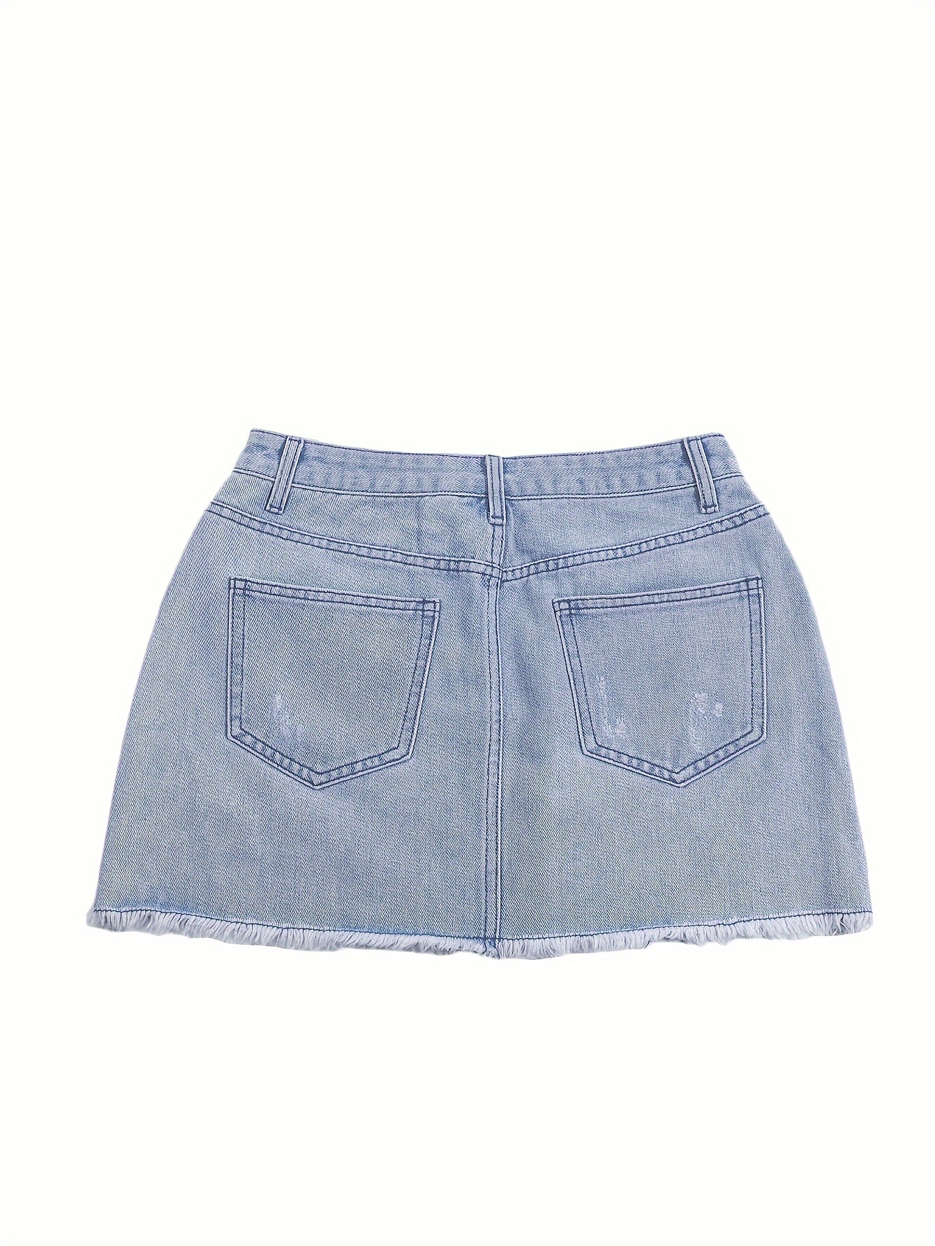 Ripped Raw Hem Plain Washed Blue Y2K Streetwear Style Mini Denim Skirt, Women's Denim Jeans & Clothing