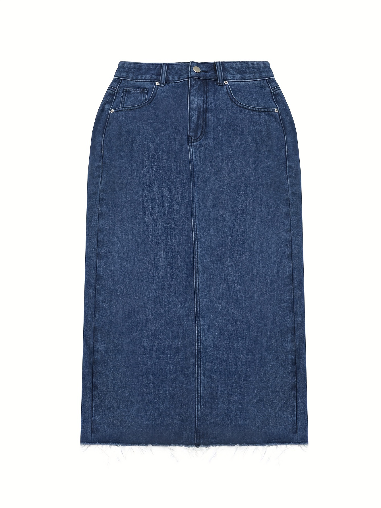 Raw Hem Plain Washed Blue Retro Style Midi Denim Skirt With Slant Pocket, Women's Denim Jeans & Clothing