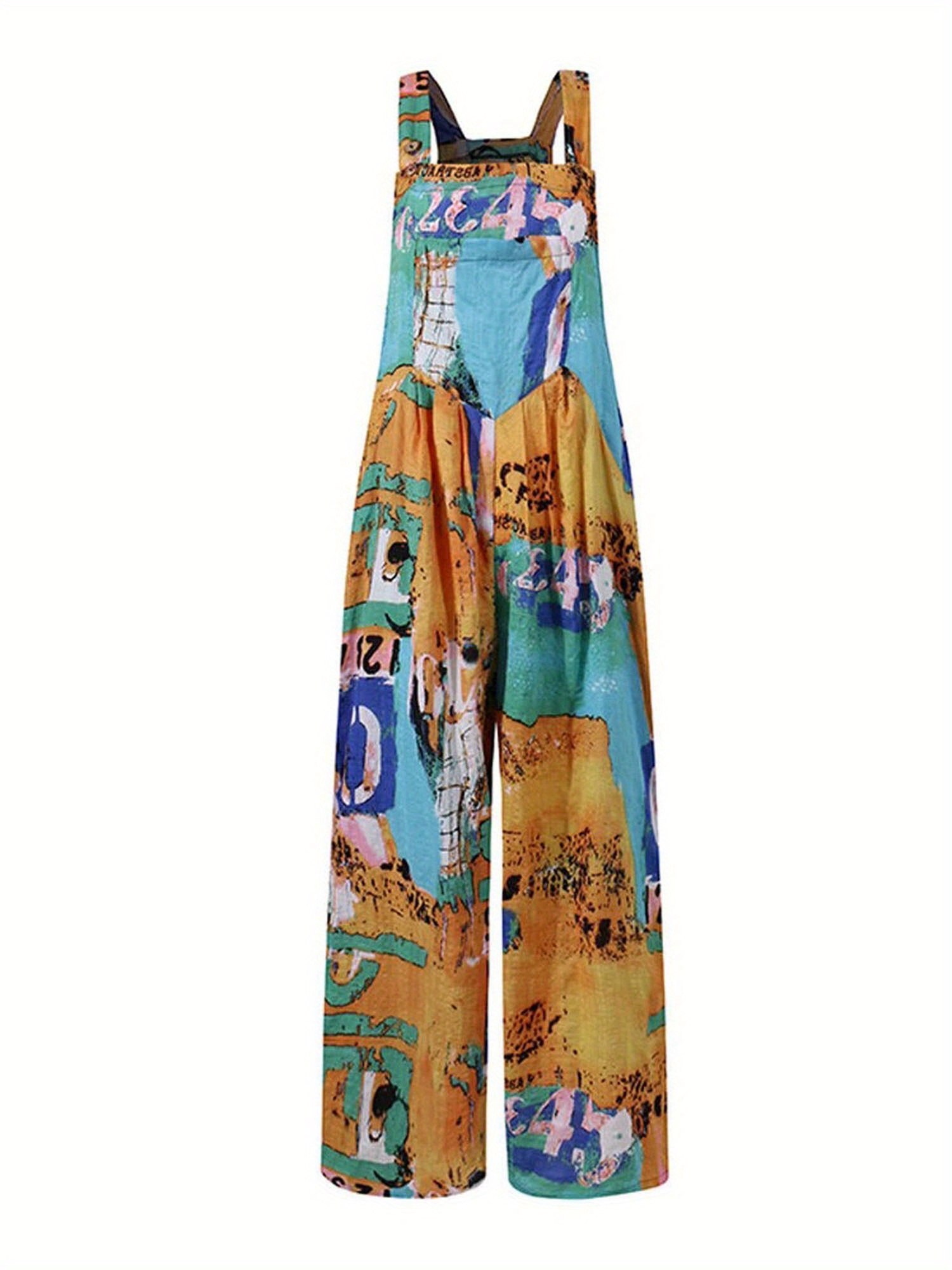 Allover Print Square Neck Overall Jumpsuit, Casual Loose Wide Leg Overall Jumpsuit With Pocket, Women's Clothing