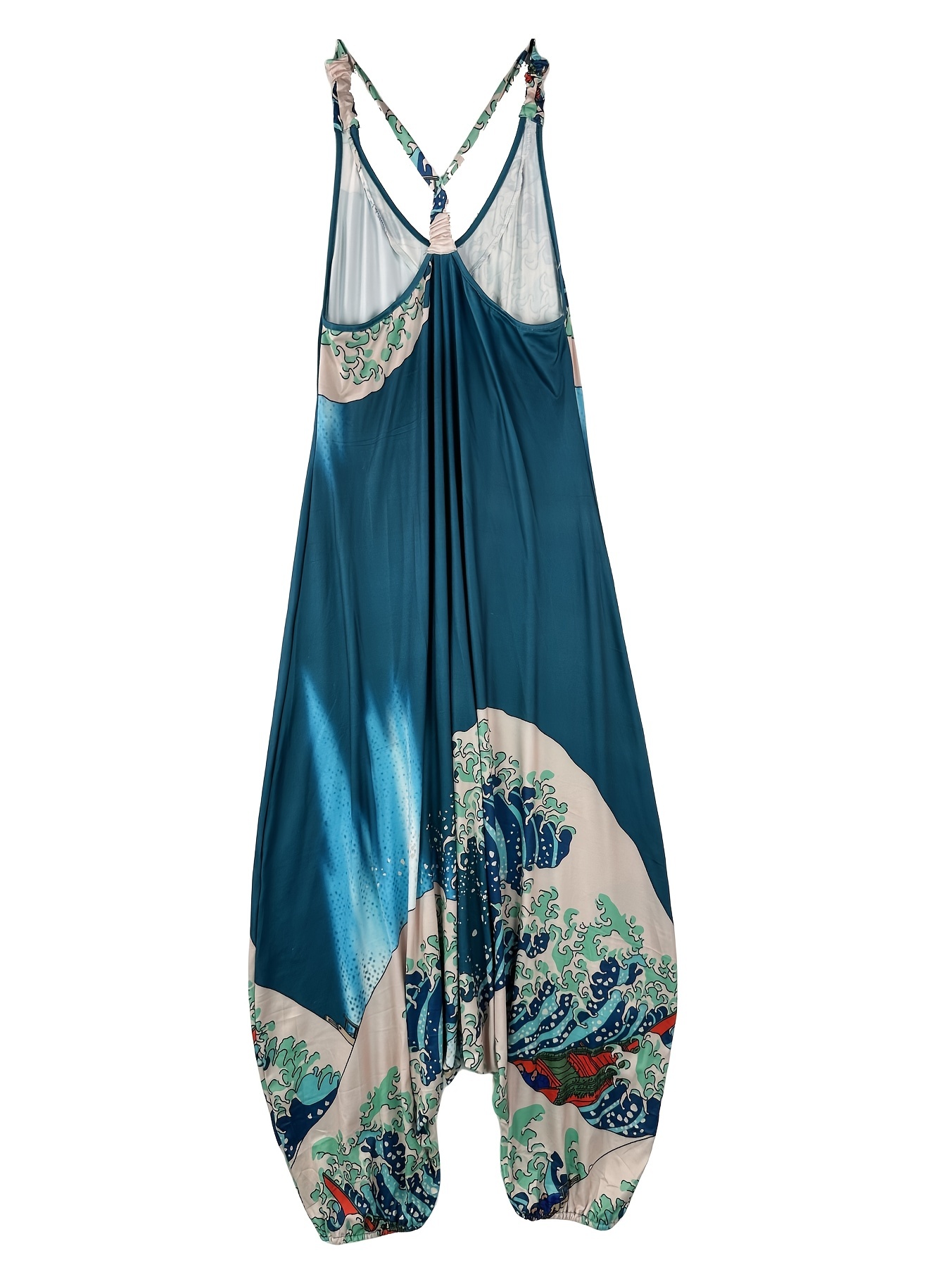 Graphic Print V Neck Harem Jumpsuit, Casual Spaghetti Strap Jumpsuit For Spring & Summer, Women's Clothing