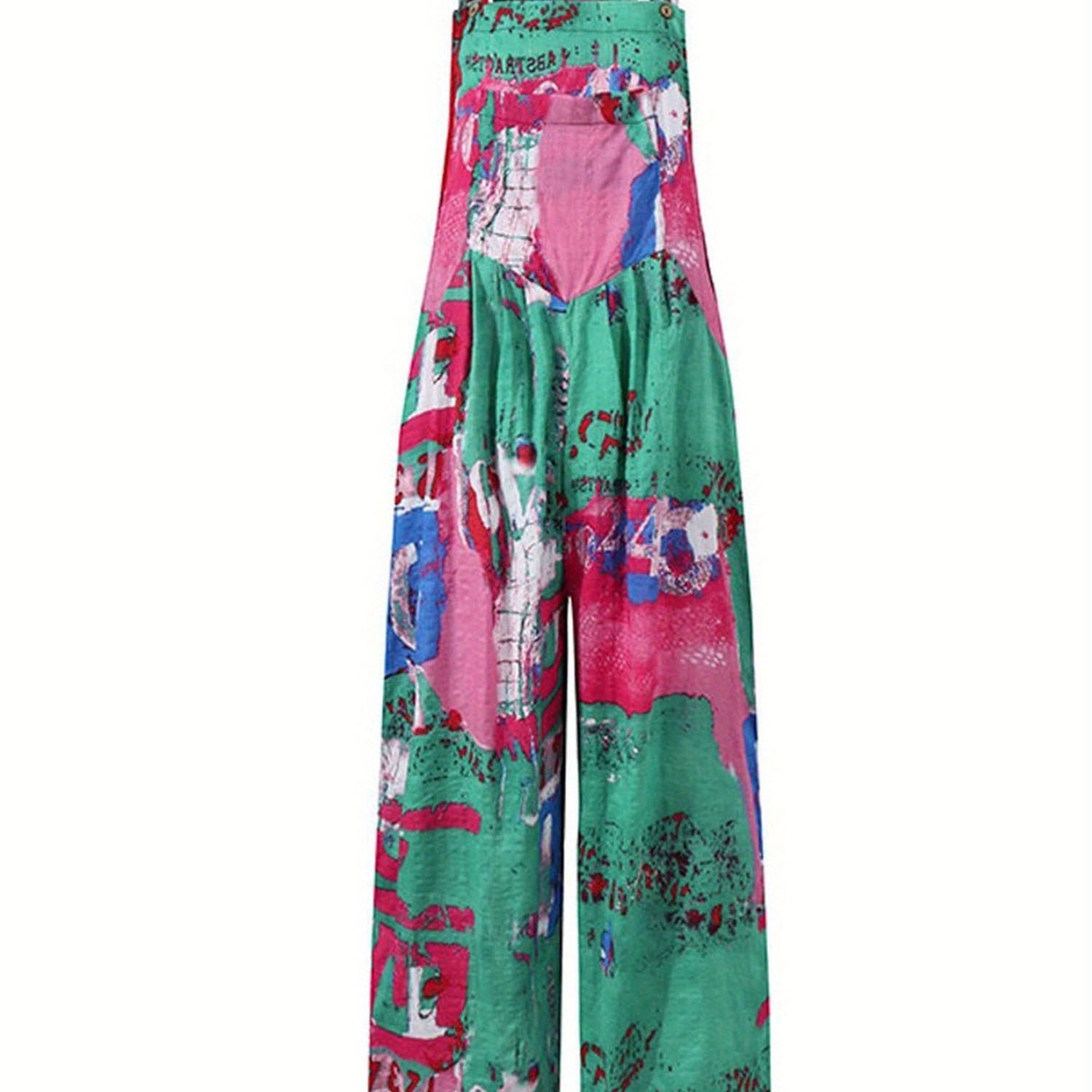 Allover Print Square Neck Overall Jumpsuit, Casual Loose Wide Leg Overall Jumpsuit With Pocket, Women's Clothing