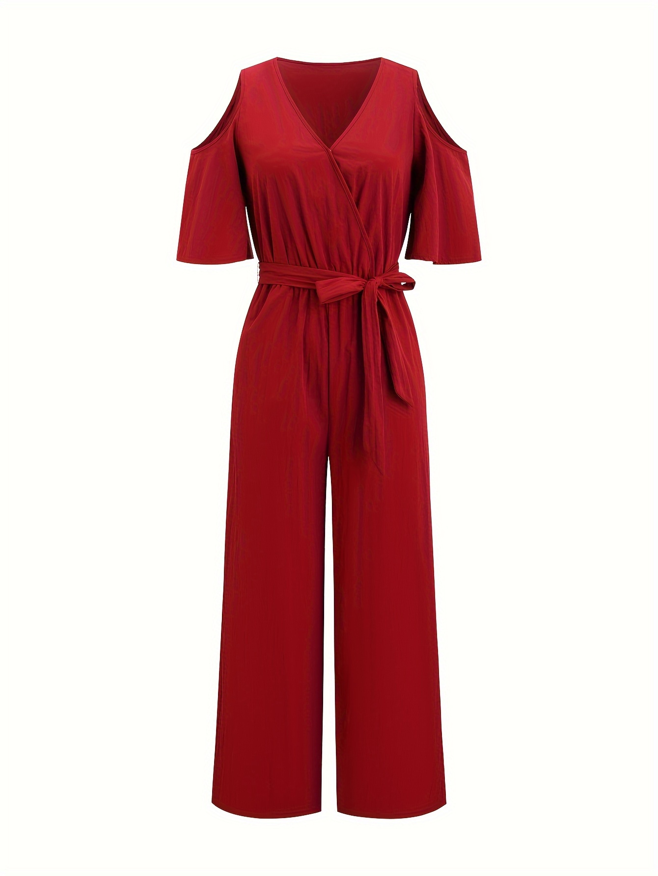 Women's Elegant High-Waisted Wide Leg Pants, Polyester Fabric, V-Neck, Machine Washable, All-Season, Fashionable Design