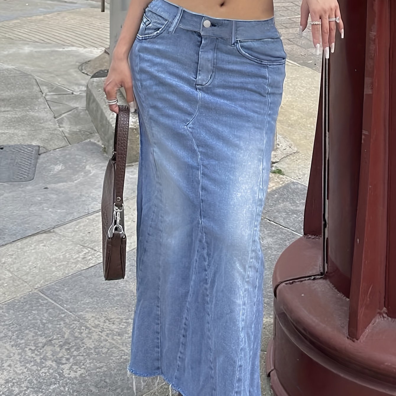Raw Hem Plain Washed Blue Elegant Style Maxi Denim Skirt, Women's Denim Jeans & Clothing