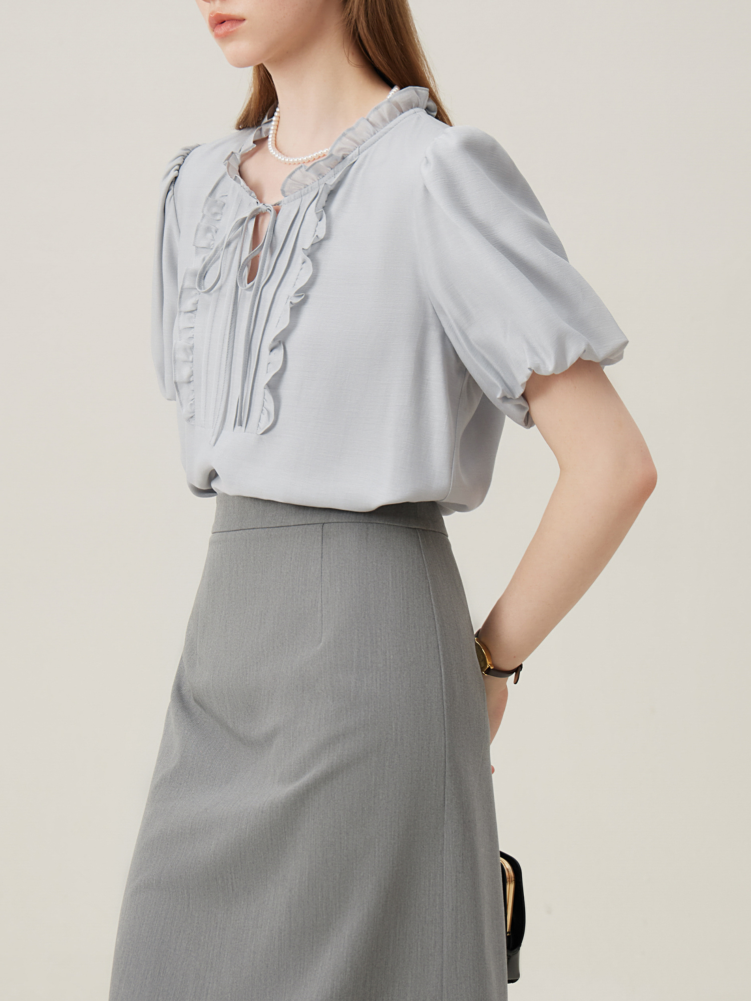 Ruffle Trim Tie Neck Blouse, Elegant Solid Short Sleeve Blouse For Spring & Summer, Women's Clothing