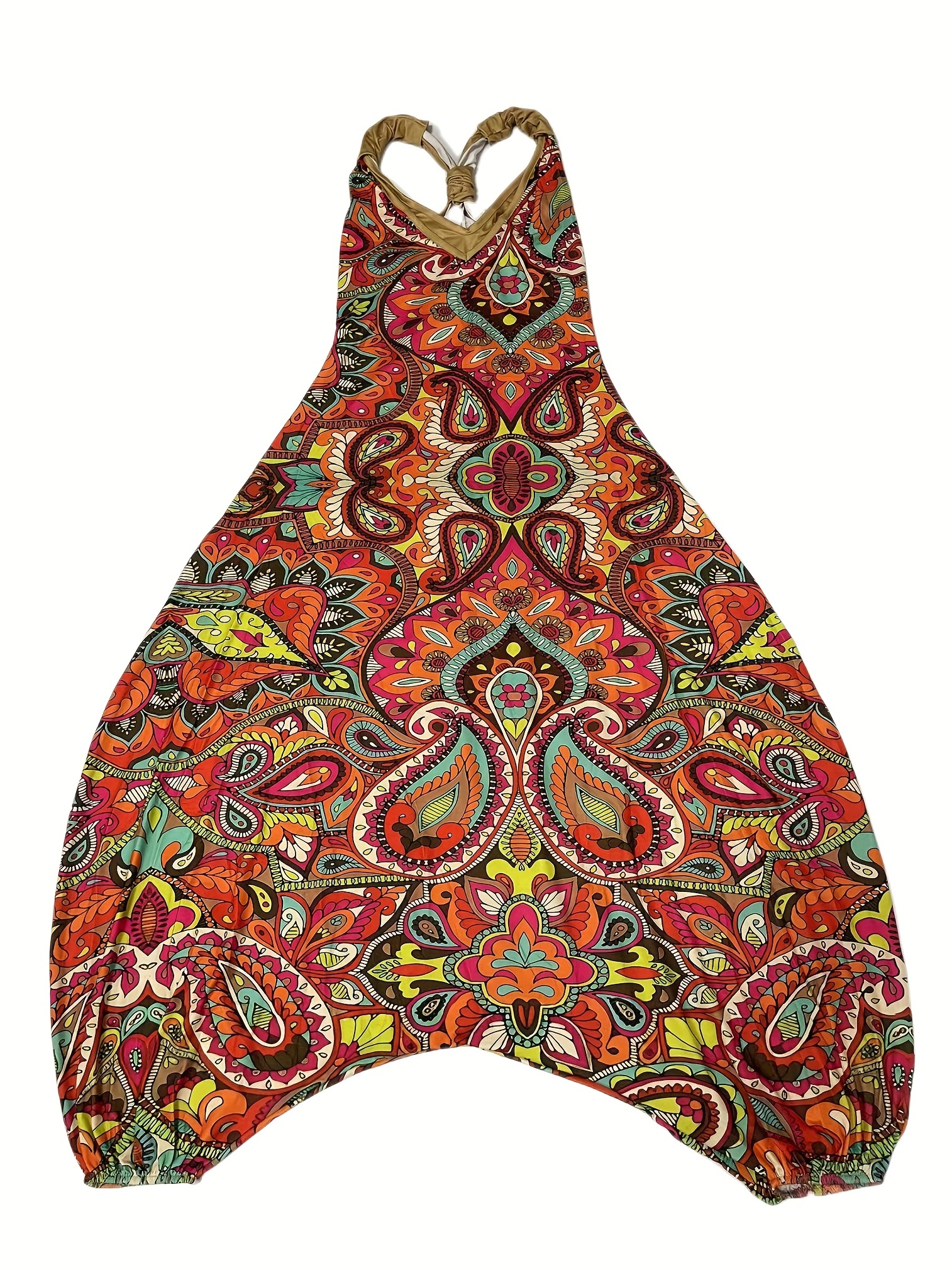 Vibrant Graphic Print Long Sleeveless V Neck Baggy Jumpsuit for Women - Relaxed Fit, Mid Elasticity, Machine Washable, Perfect for Summer Casual Occasions