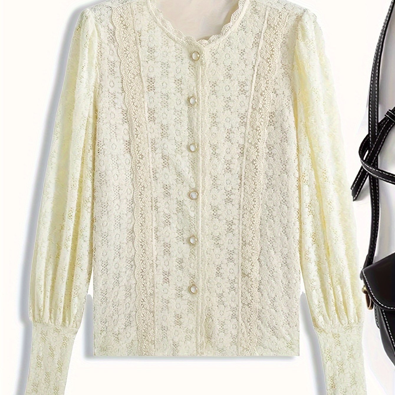 Solid Color Button Front Blouse, Elegant Lantern Sleeve Blouse For Spring & Fall, Women's Clothing