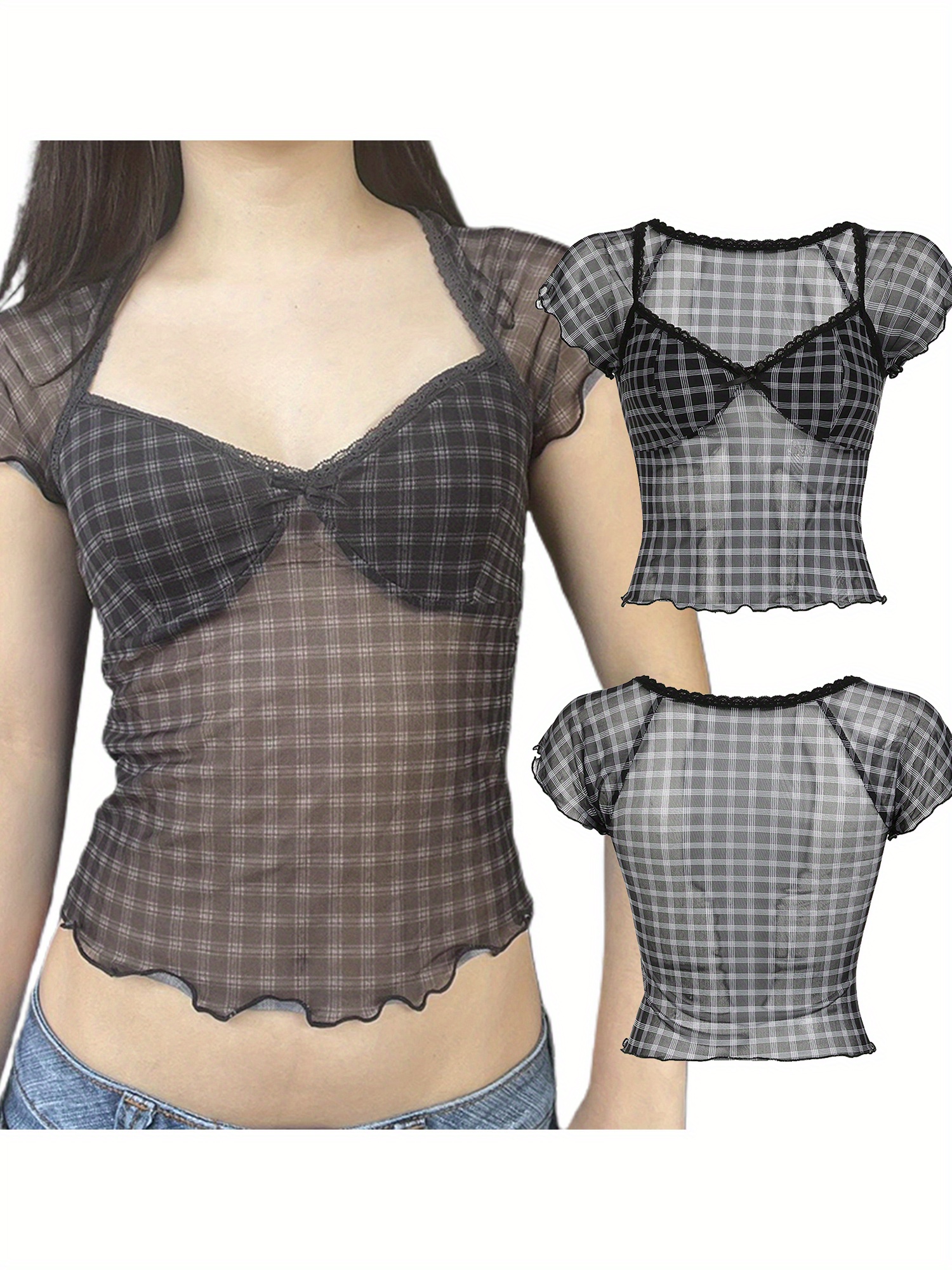 Women Crop Basic T-Shirts Summer Lettuce Trim Plaid Print Short Sleeve Tops for Streetwear Aesthetic Grunge Clothes