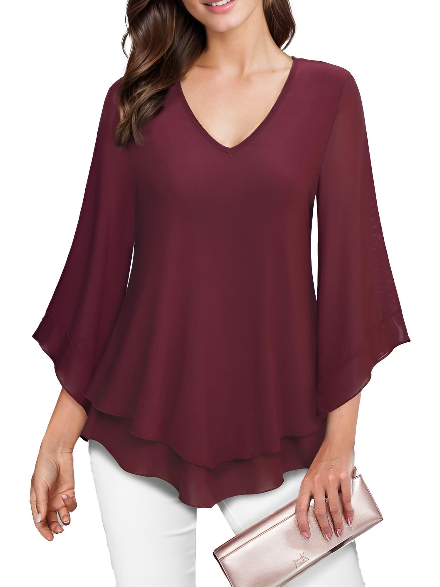 tooluck Womens Blouse Double Layers Mesh Shirt Ruffle 3 F4 Flared Sleeve Tops