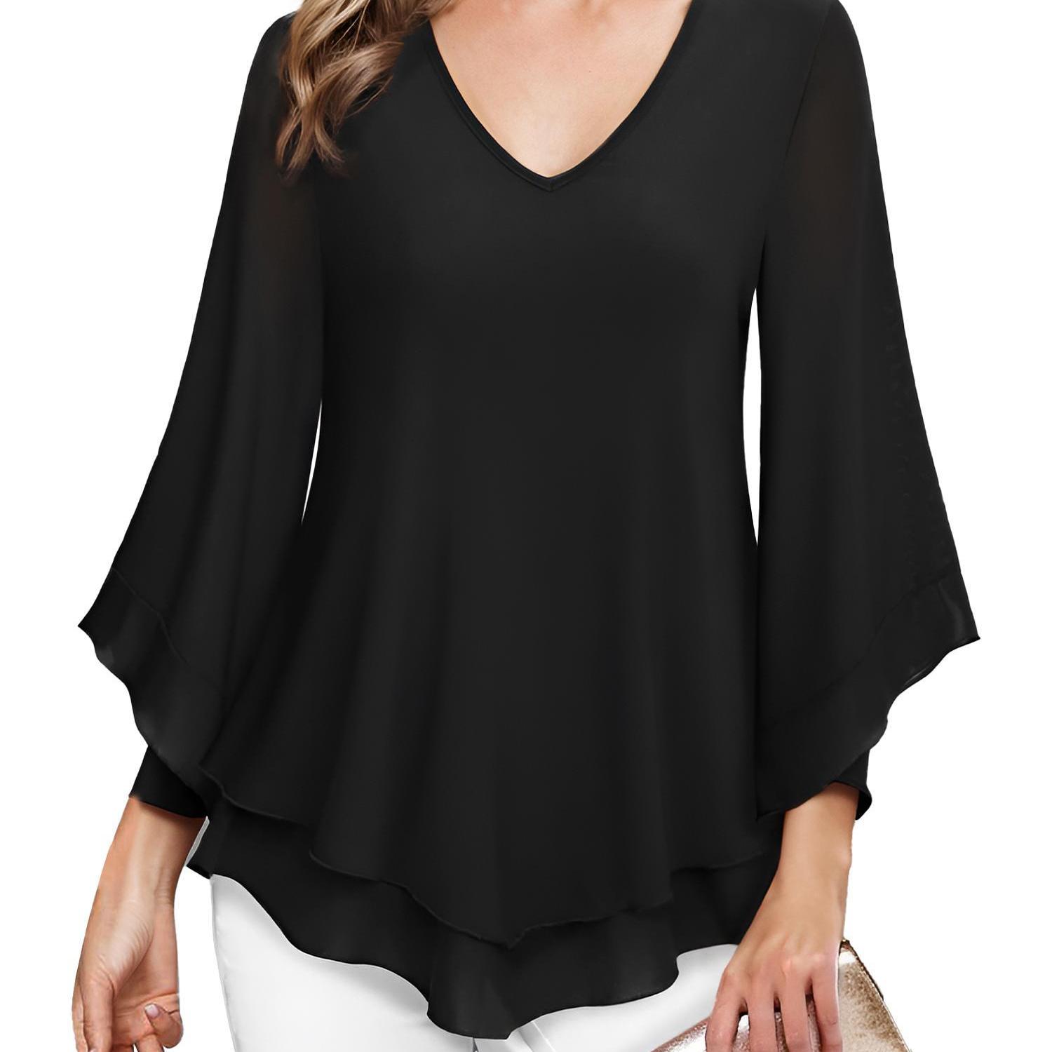 tooluck Womens Blouse Double Layers Mesh Shirt Ruffle 3 F4 Flared Sleeve Tops