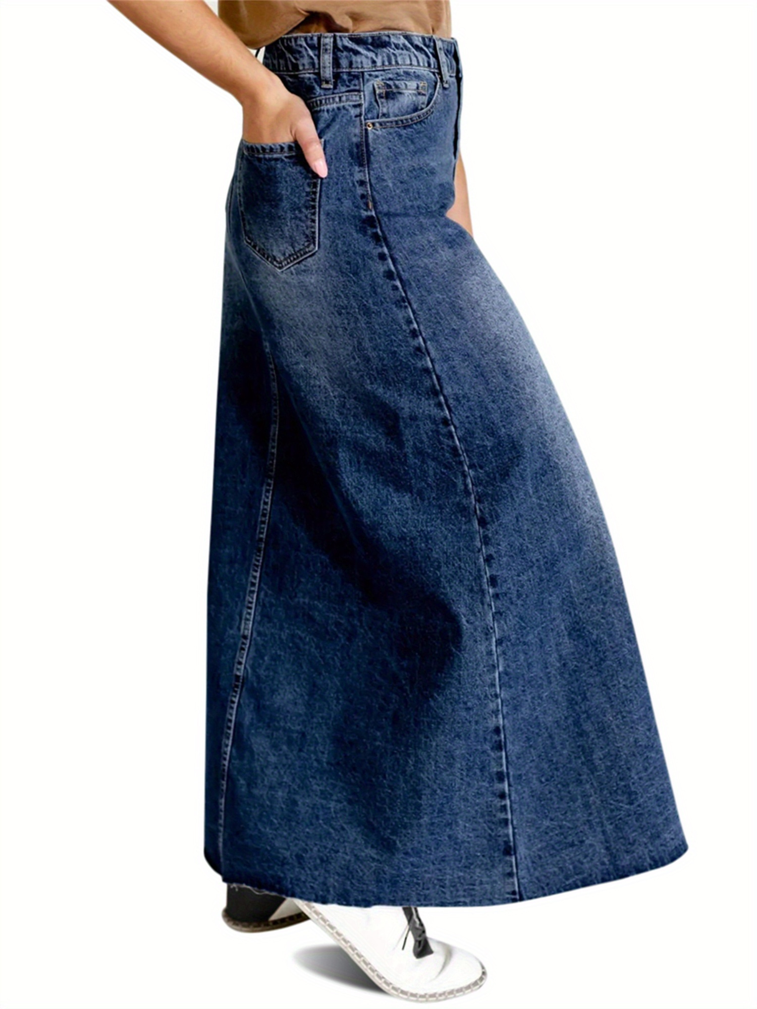 Women's High-Waisted A-Line Denim Pencil Skirt, Casual Full-Length Jean Skirt With Button Details