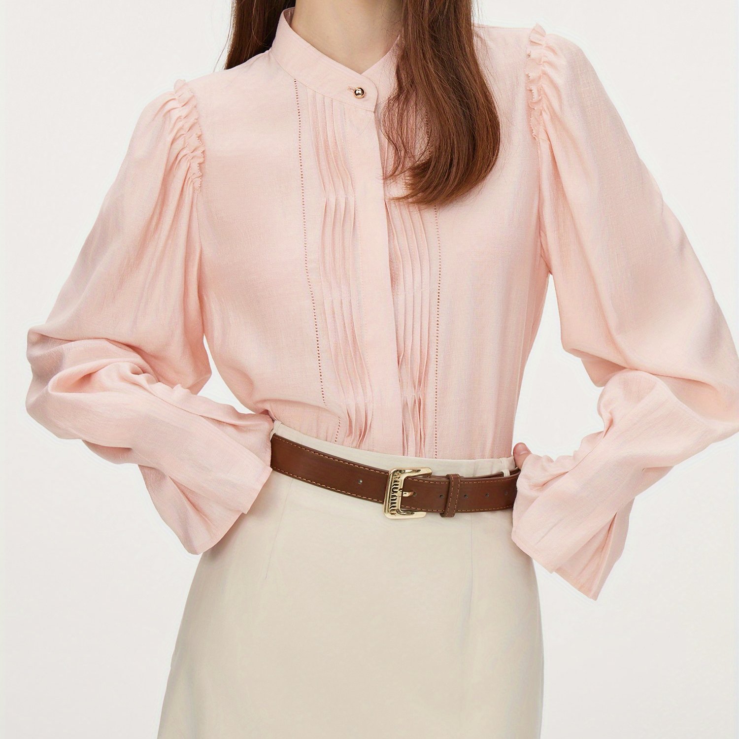 Elegant French-Inspired Women's Blouse - Long Sleeve With Stand Collar & Pleated Detail, Non-Stretch Viscose Blend, Perfect For Fall