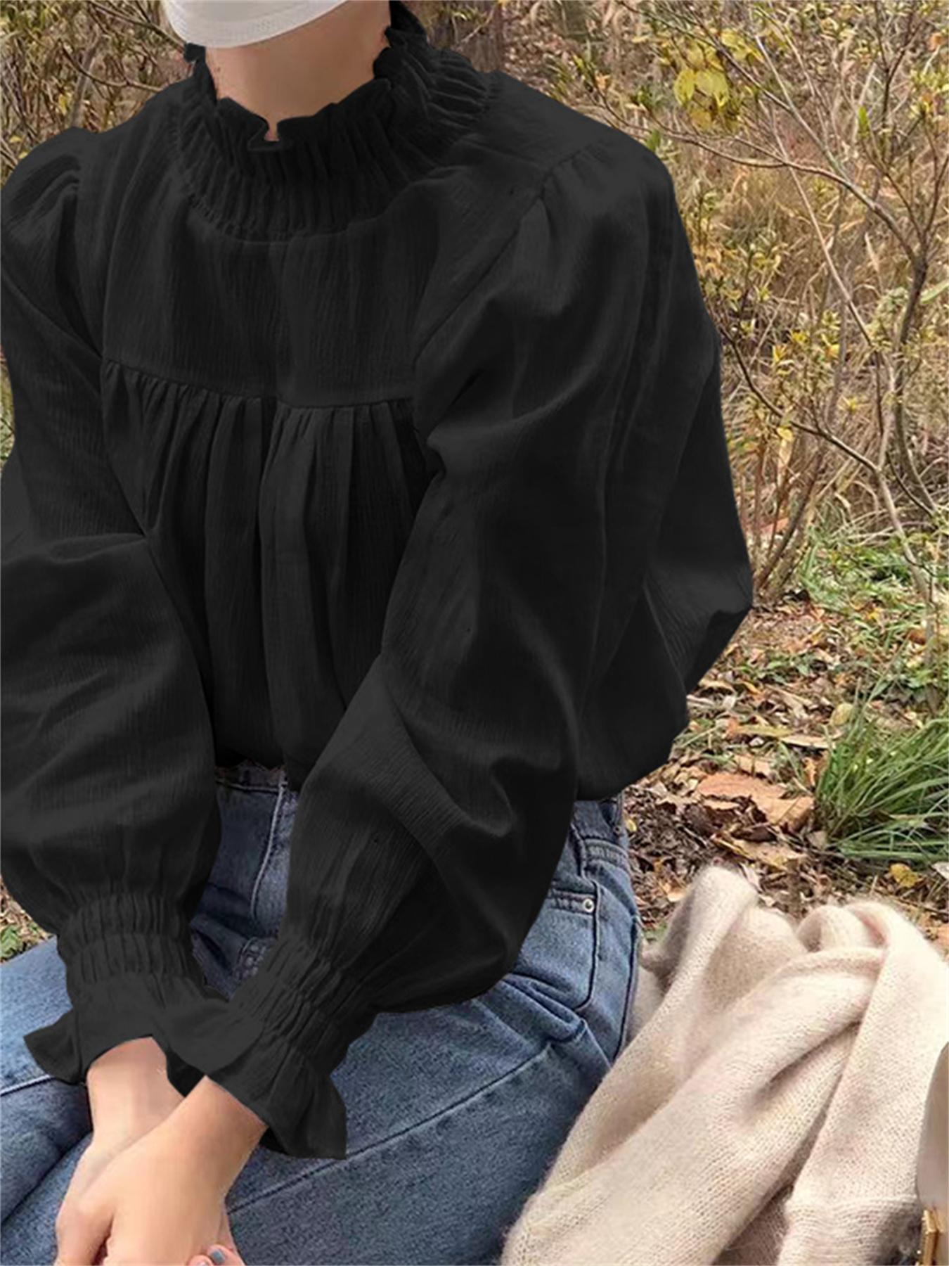 Ruffle Trim Mock Neck Blouse, Casual Solid Long Sleeve Pleated Shirred Blouse For Spring & Fall, Women's Clothing