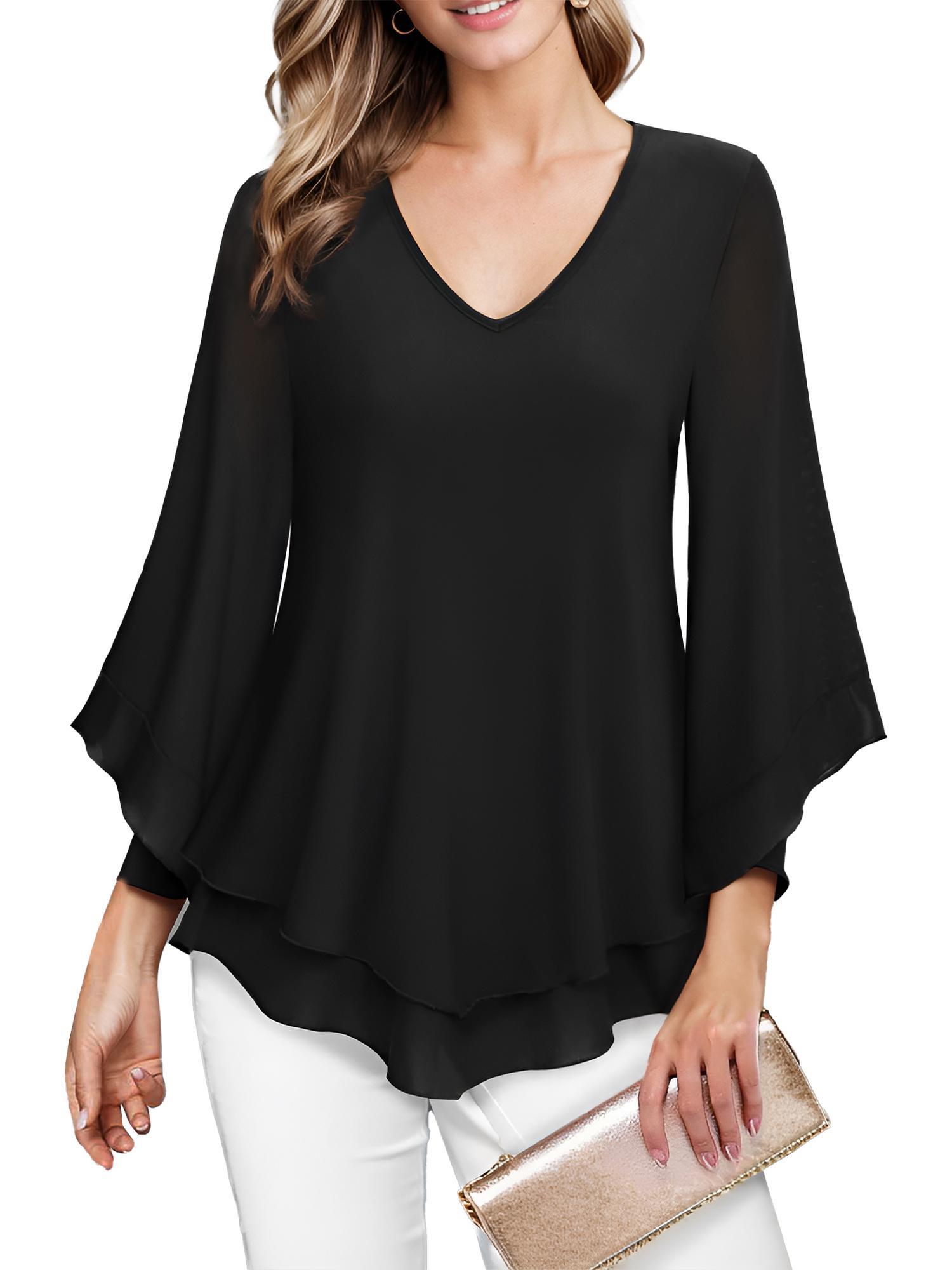 tooluck Womens Blouse Double Layers Mesh Shirt Ruffle 3 F4 Flared Sleeve Tops