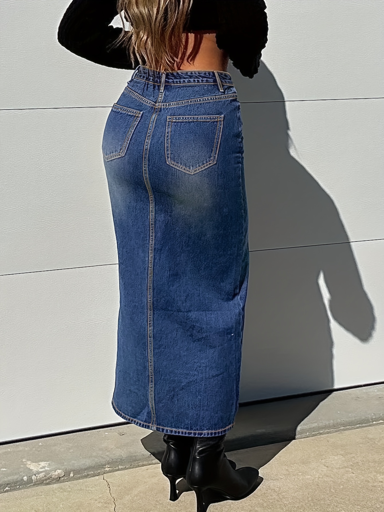 Split Front Plain Washed Blue Retro Y2K Streetwear Maxi Denim Skirt, Women's Denim Jeans & Clothing