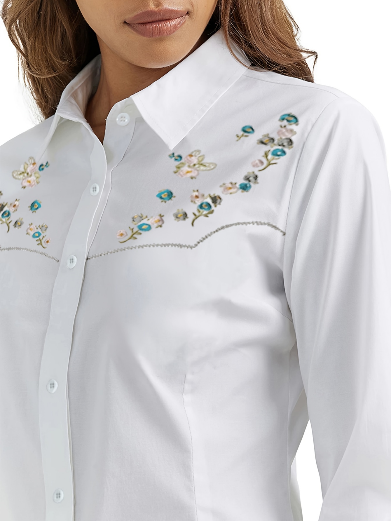 Floral Embroidery Single-breasted Shirt, Casual Long Sleeve Shirt For Spring & Fall, Women's Clothing