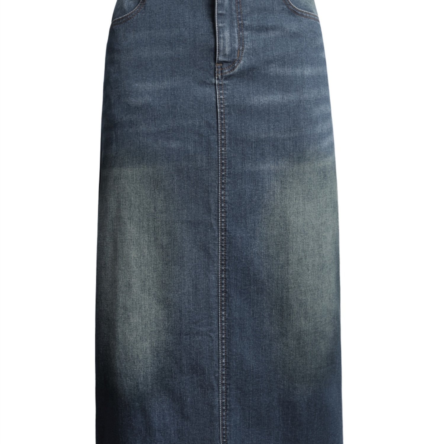 Plain Washed Blue Whiskering Casual Style High Rise Maxi Denim Skirt, Women's Denim Jeans & Clothing