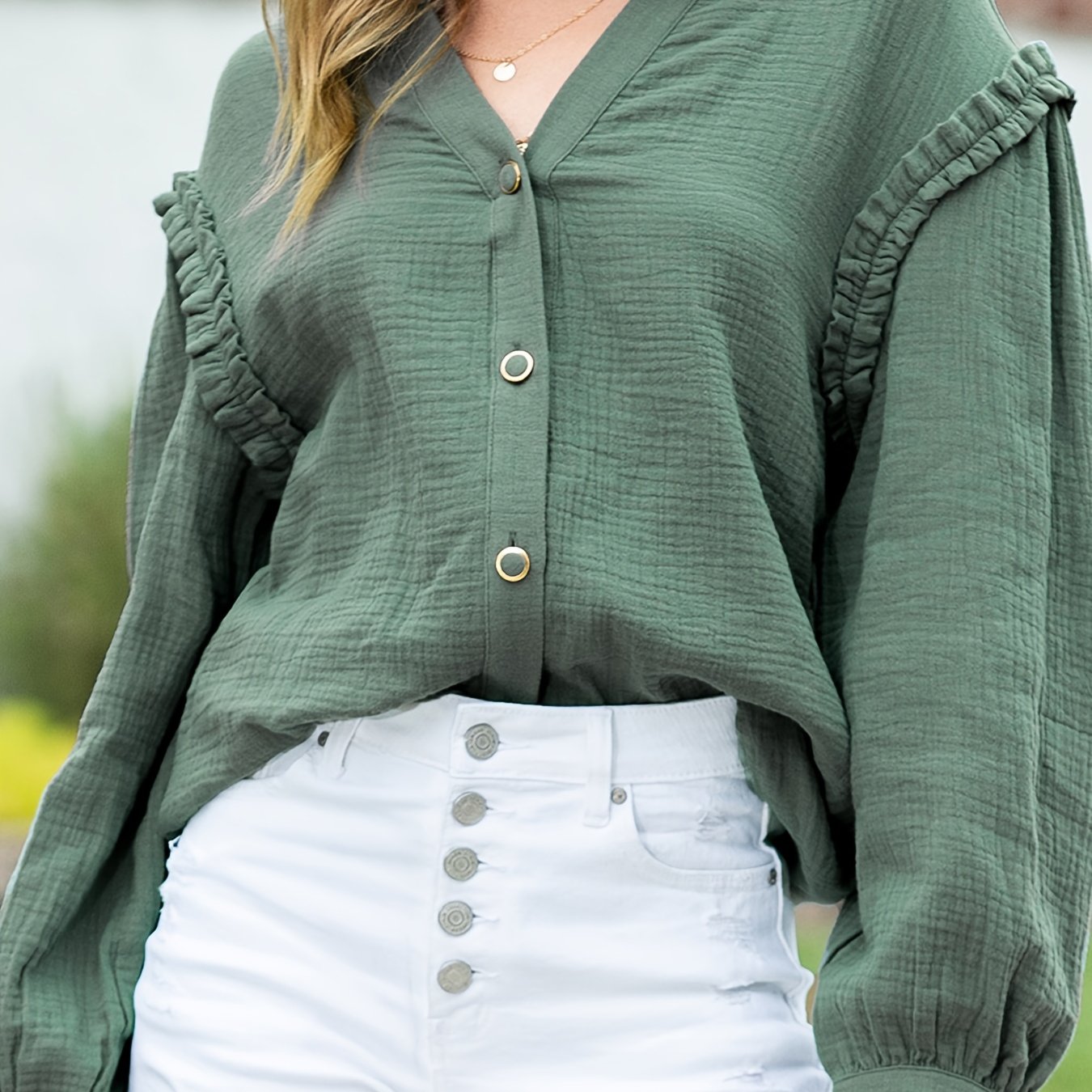 Solid Ruffle Hem Blouse, Elegant Button Front Drop Shoulder Blouse, Women's Clothing