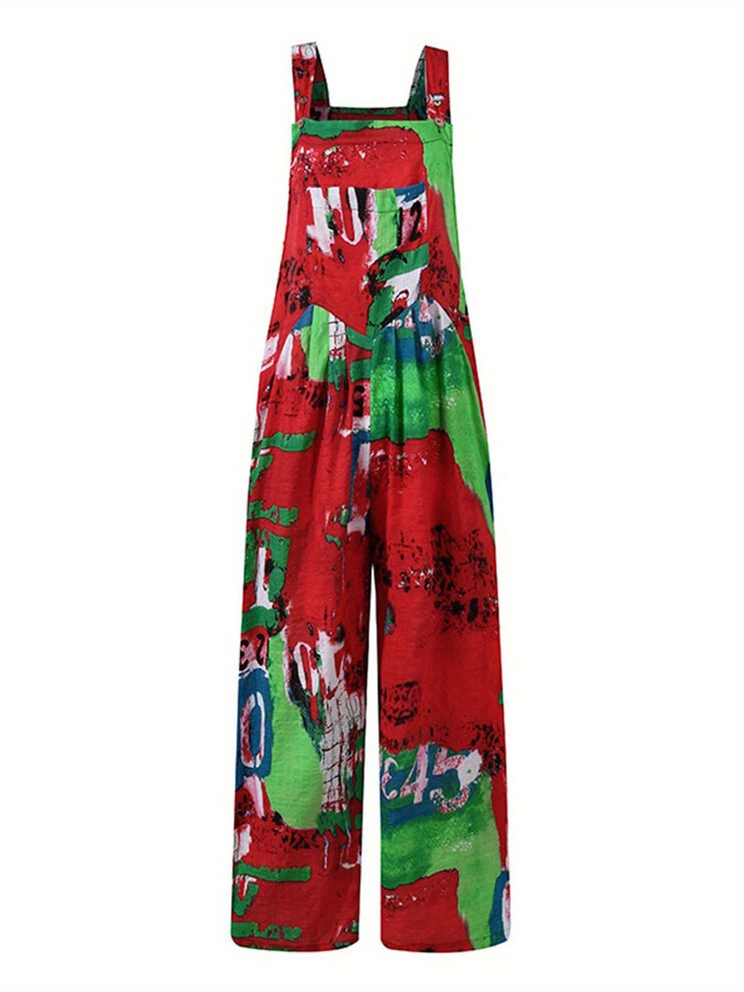 Allover Print Square Neck Overall Jumpsuit, Casual Loose Wide Leg Overall Jumpsuit With Pocket, Women's Clothing