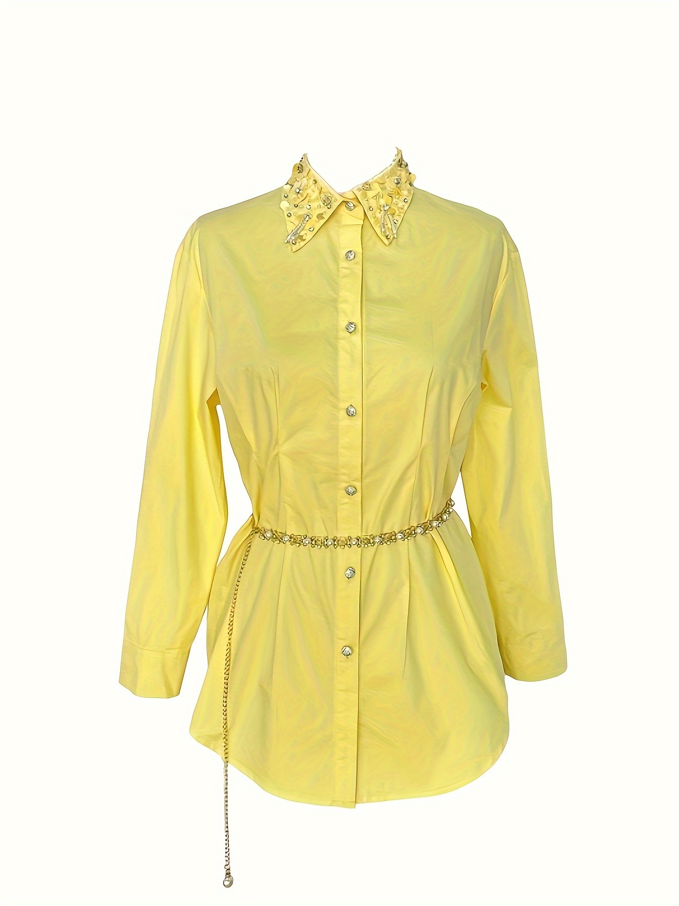 Women's Casual Comfy Vibrant Shirt-100% Polyester, Long Sleeve, Chain Belt, Rhinestone Trim Neckline, Single Breasted, Straight Hem-perfect For Work&vacation