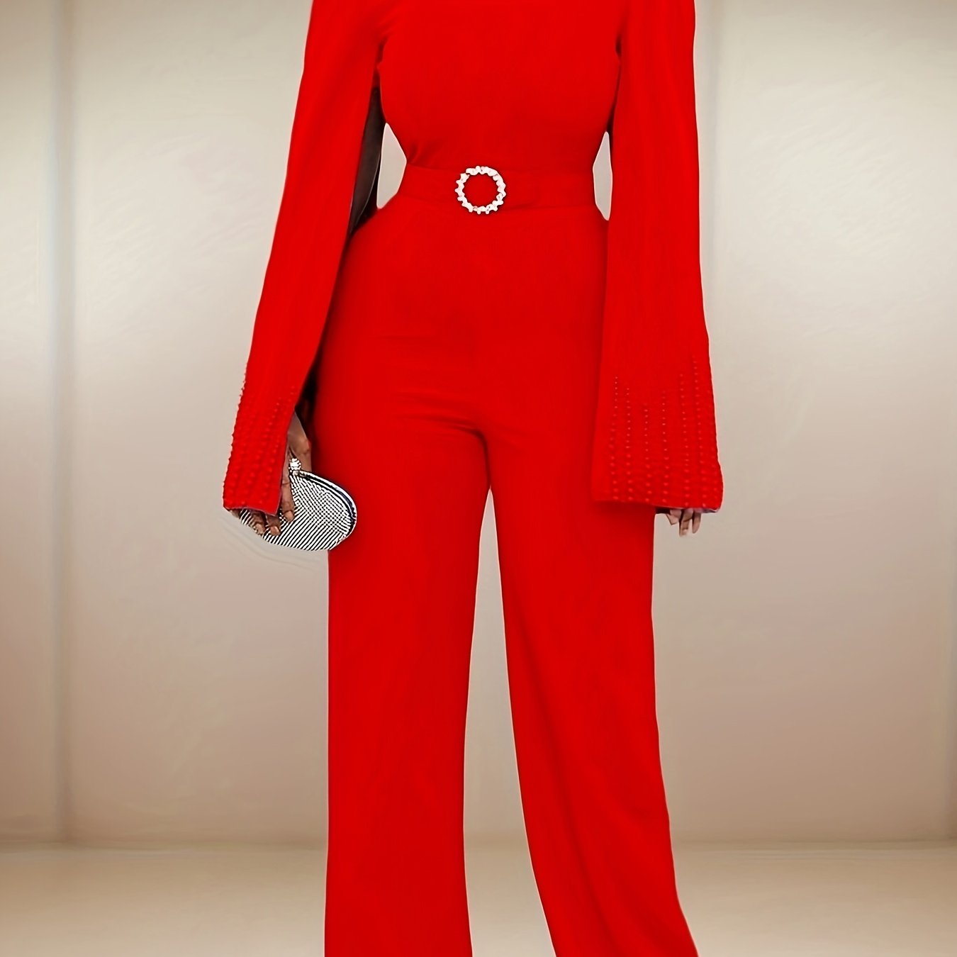 Ladies' Fashionable Solid Color Wide Leg Nail Bead Cape Jumpsuit