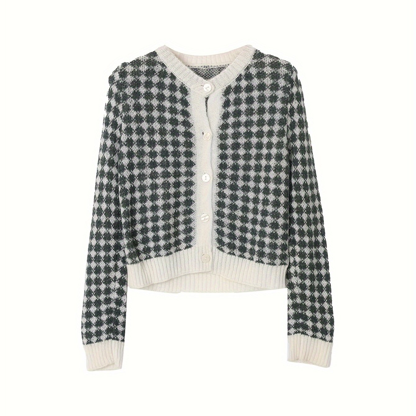 Houndstooth Pattern Botton Front Cardigan, Casual Long Sleeve Cardigan For Fall & Winter, Women's Clothing