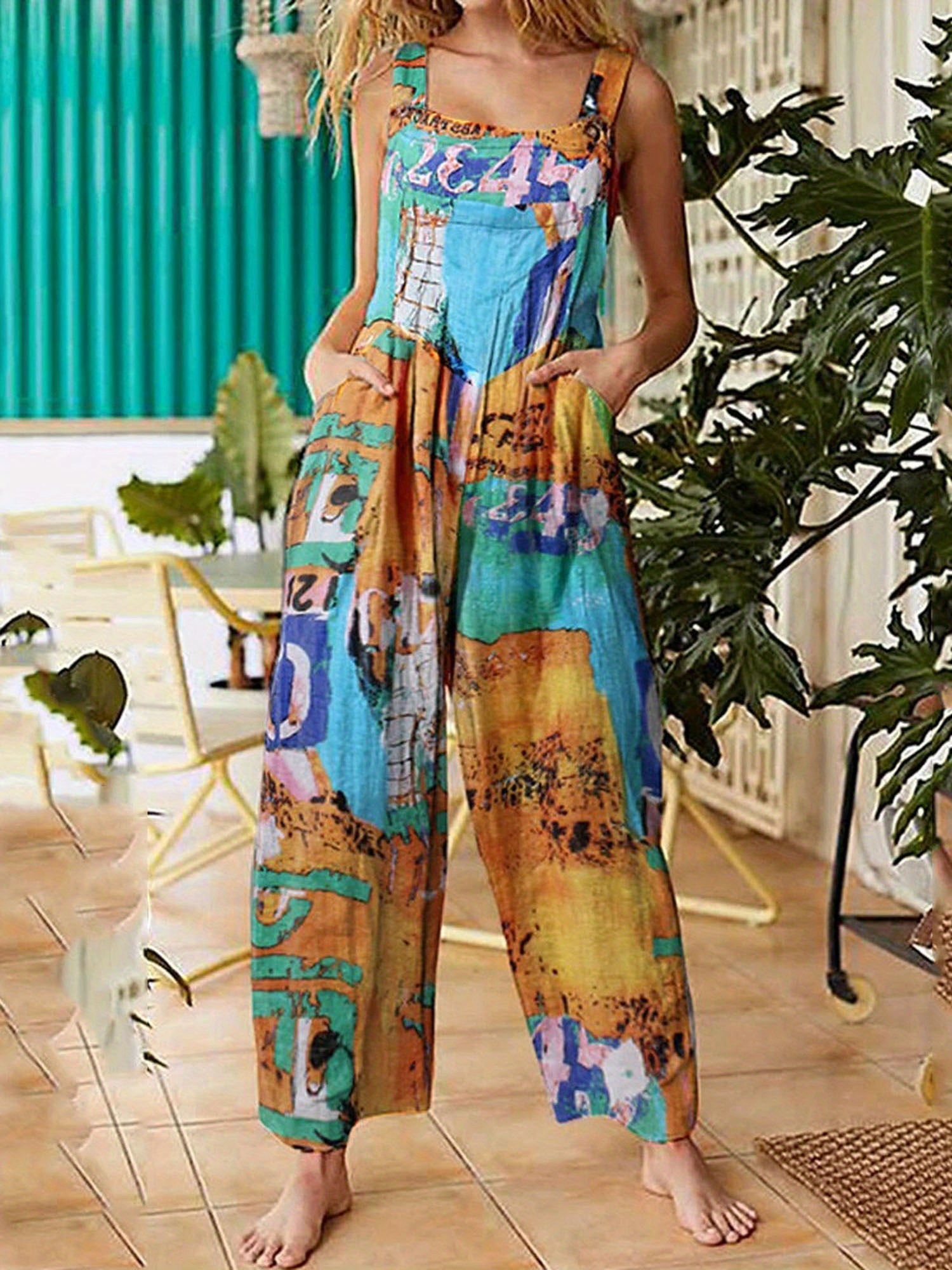 Allover Print Square Neck Overall Jumpsuit, Casual Loose Wide Leg Overall Jumpsuit With Pocket, Women's Clothing