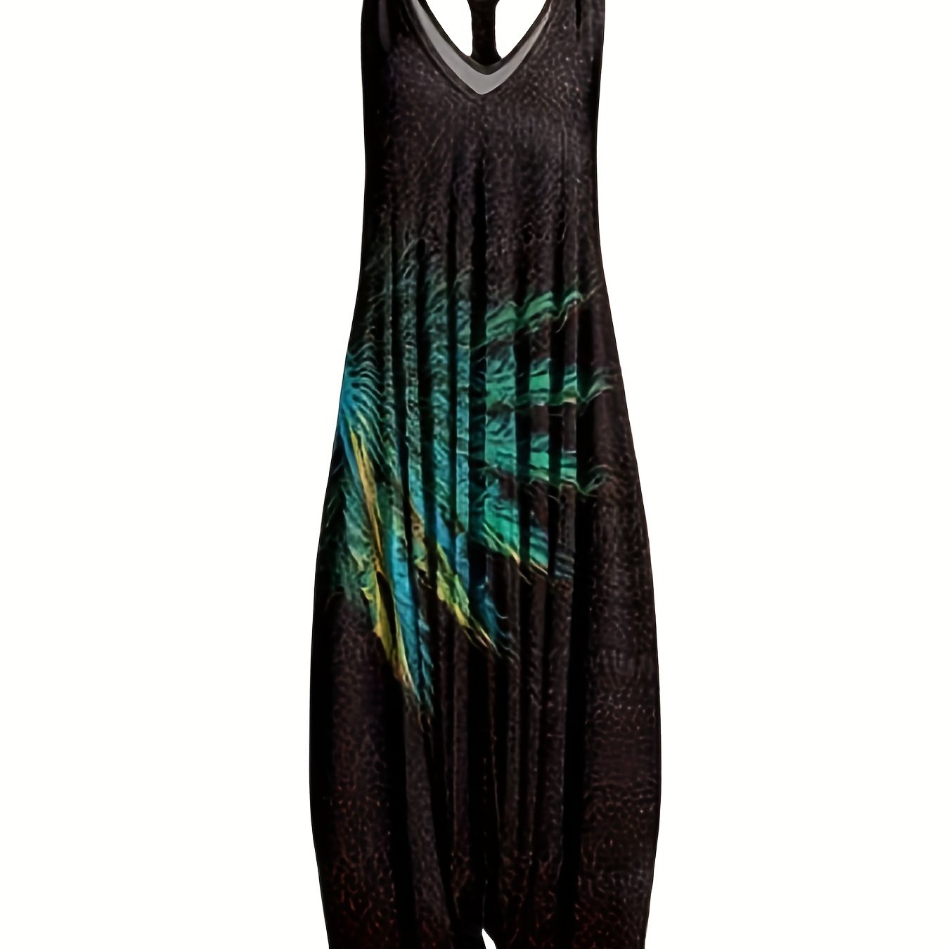 Fashionable Graphic Print V Neck Jumpsuit - Effortlessly Chic Sleeveless Baggy Style - Perfect for Spring & Summer - Trendy Womens Clothing