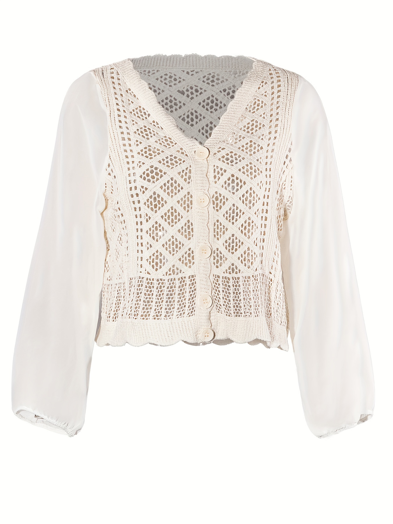 Women Fashion Hollow Out V Neck Long SLeeve Buckle Shirt