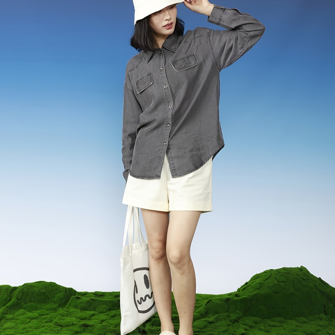 Solid Color Button Front Shirt, Casual Long Sleeve Blouse For Spring & Fall, Women's Clothing