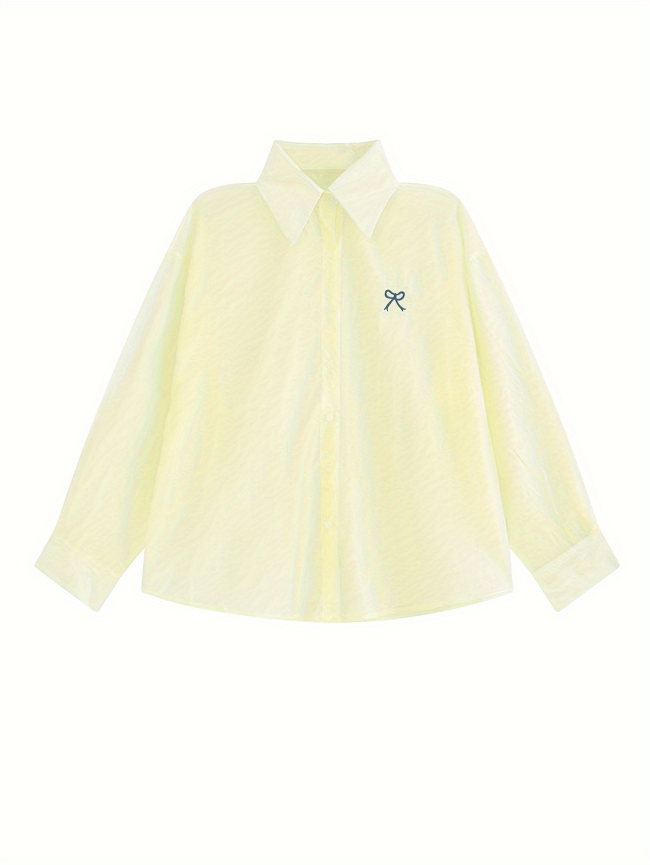 Women's Casual Polyester Blouse With Butterfly Embroidery, Relaxed Fit, UV Protection, Adjustable Button Front, Seasonless