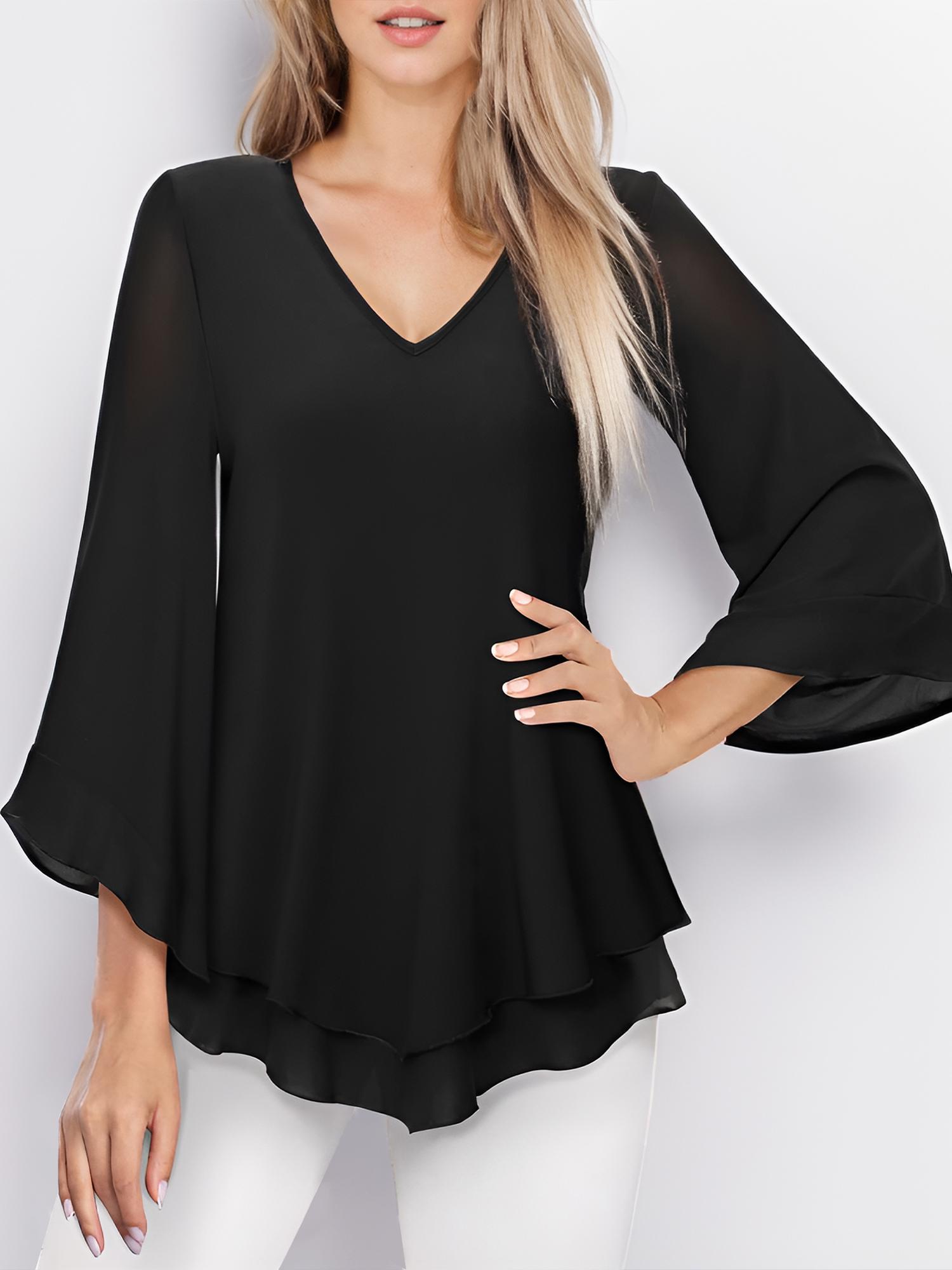 tooluck Womens Blouse Double Layers Mesh Shirt Ruffle 3 F4 Flared Sleeve Tops