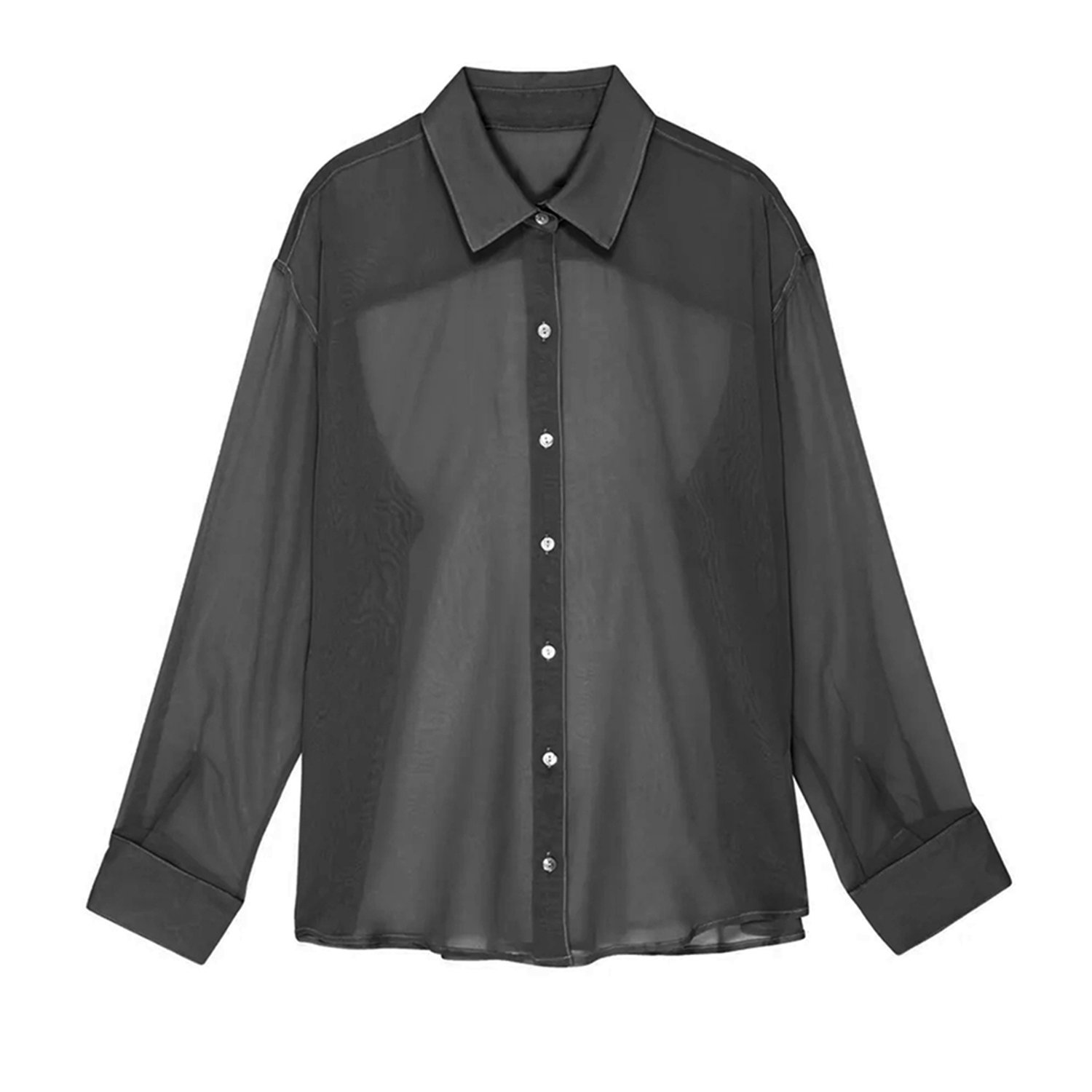 Womenacute;s Blouse, Lapel Collar Long Sleeve Button-Down See-Through Loose Shirt for Ladies