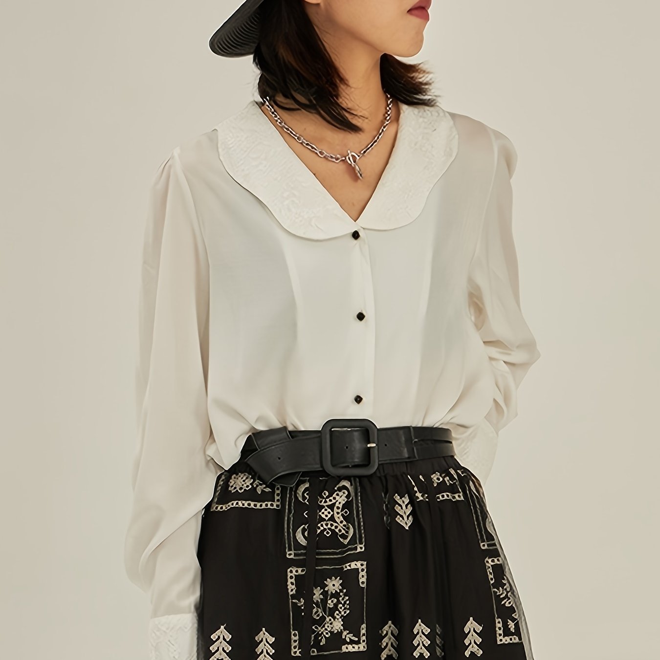 Solid Color Button Front Blouse, Stylish Long Sleeve Collared Blouse For Spring & Summer, Women's Clothing