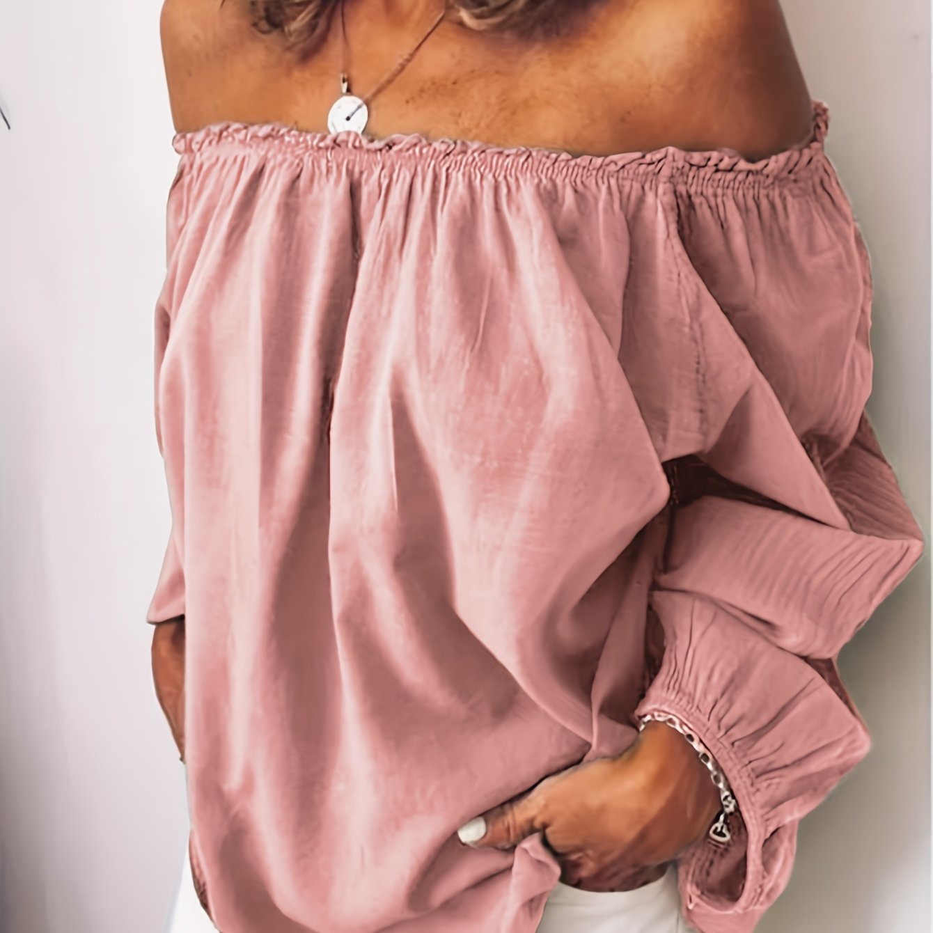 Solid Color Off Shoulder Blouse, Casual Ruched Long Sleeve Blouse For Spring & Fall, Women's Clothing