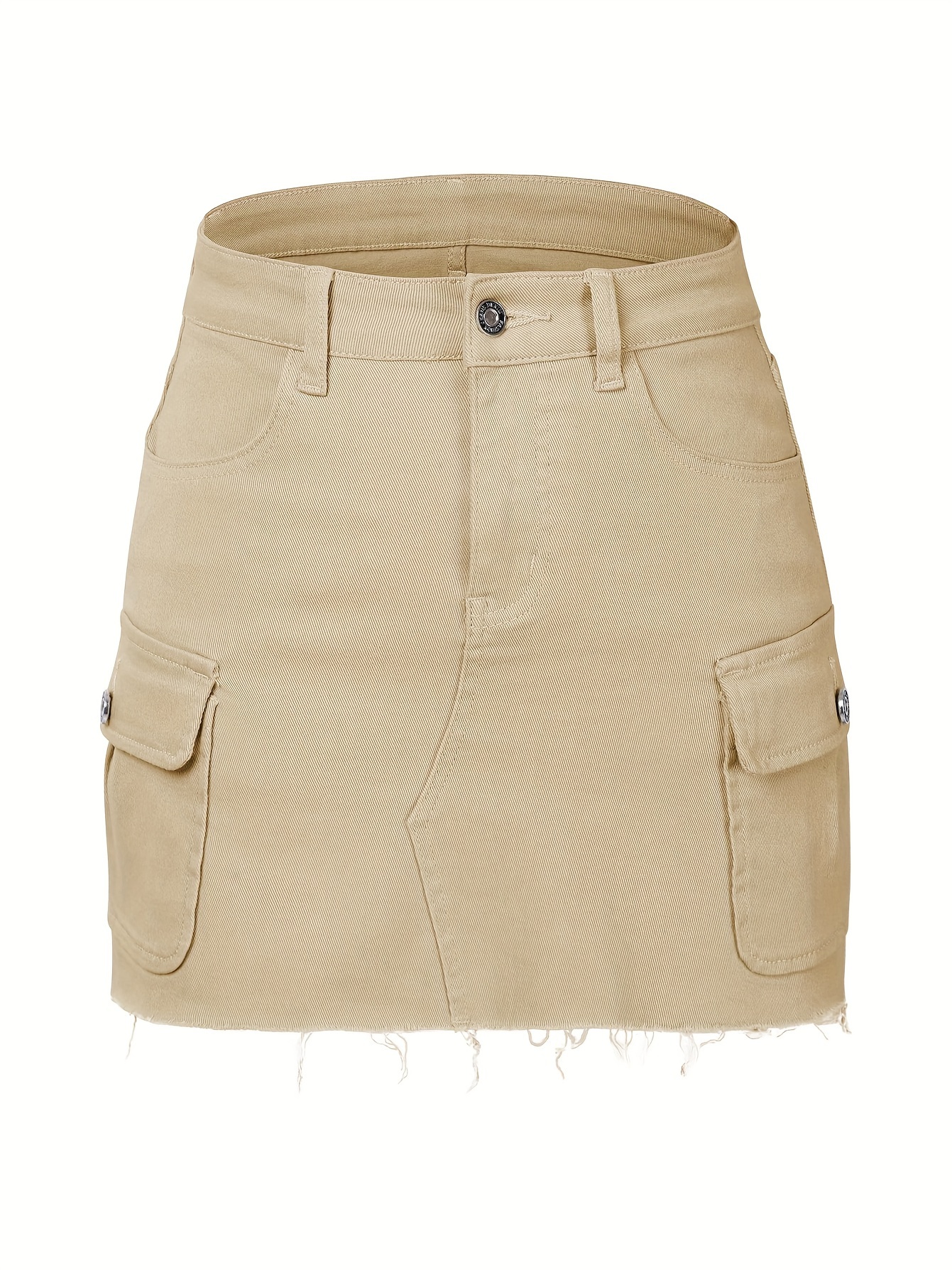 Women's Casual High-Waist Denim Mini Skirt, Cargo Style With Pockets, Frayed Hem Jean Skirt, Plain