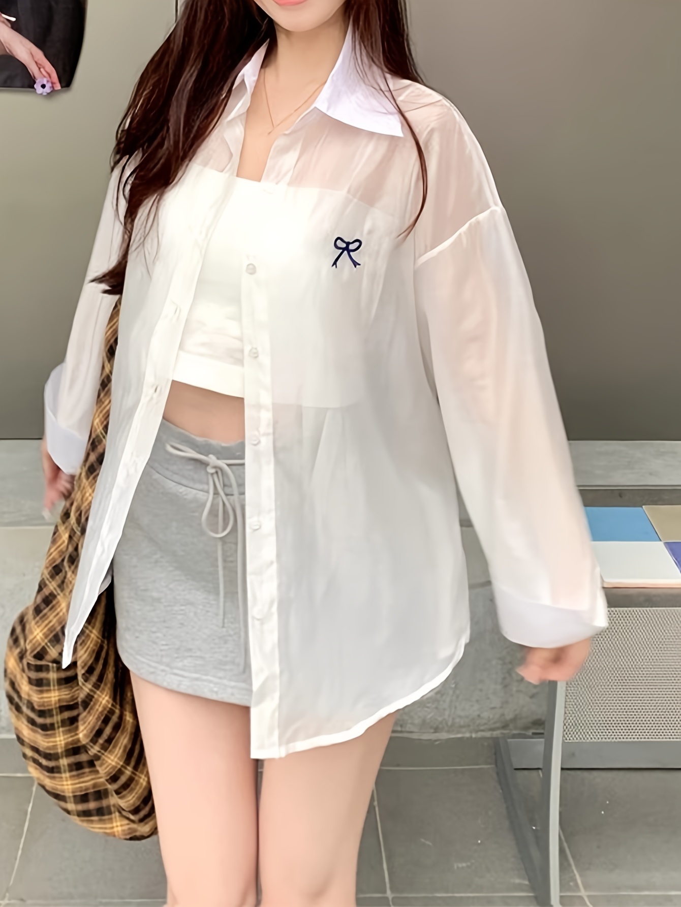 Women's Casual Polyester Blouse With Butterfly Embroidery, Relaxed Fit, UV Protection, Adjustable Button Front, Seasonless
