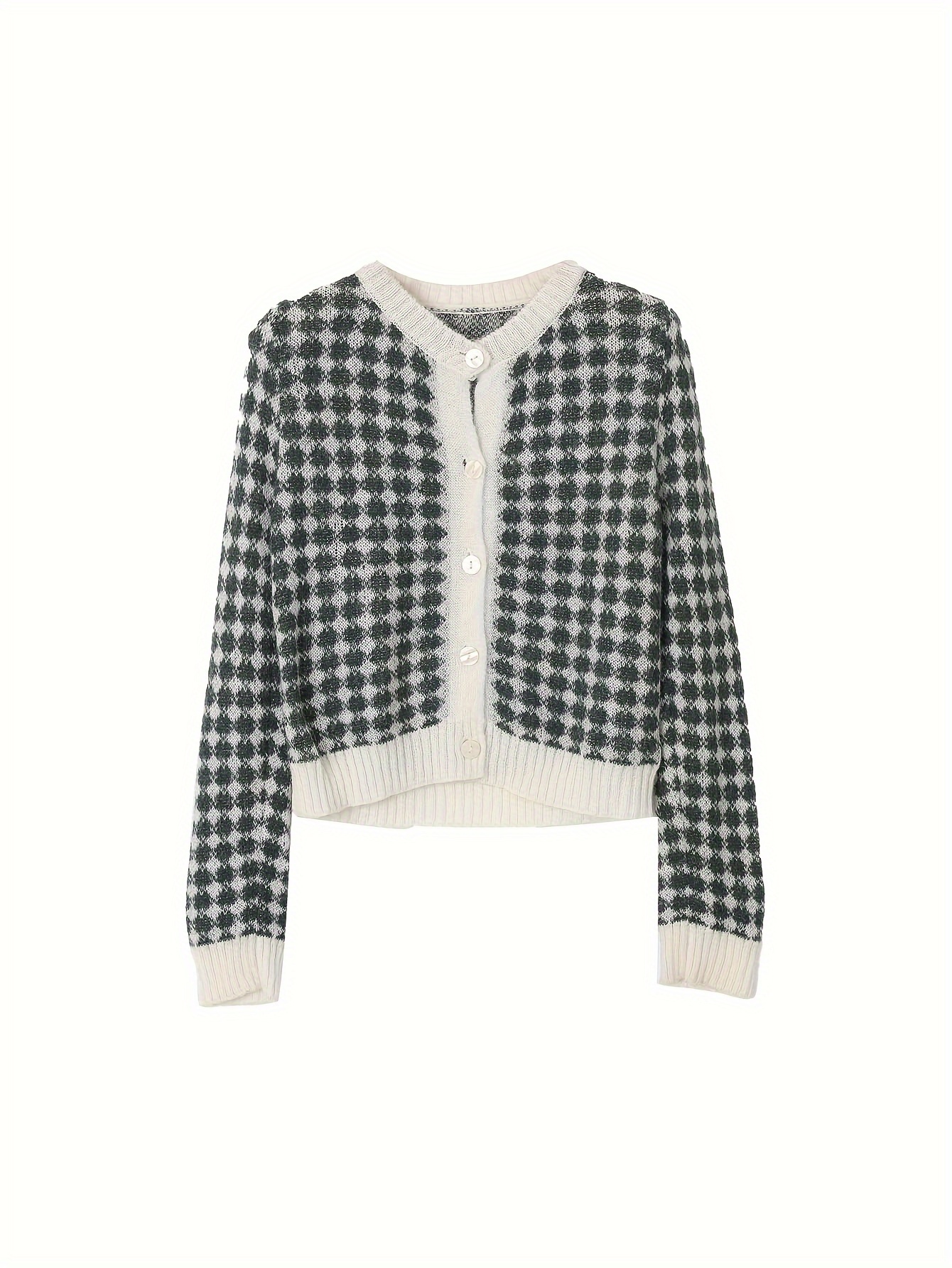 Houndstooth Pattern Botton Front Cardigan, Casual Long Sleeve Cardigan For Fall & Winter, Women's Clothing