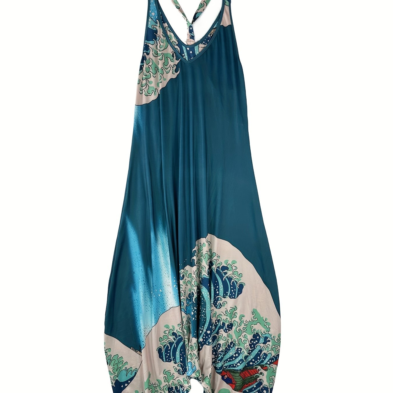 Graphic Print V Neck Harem Jumpsuit, Casual Spaghetti Strap Jumpsuit For Spring & Summer, Women's Clothing
