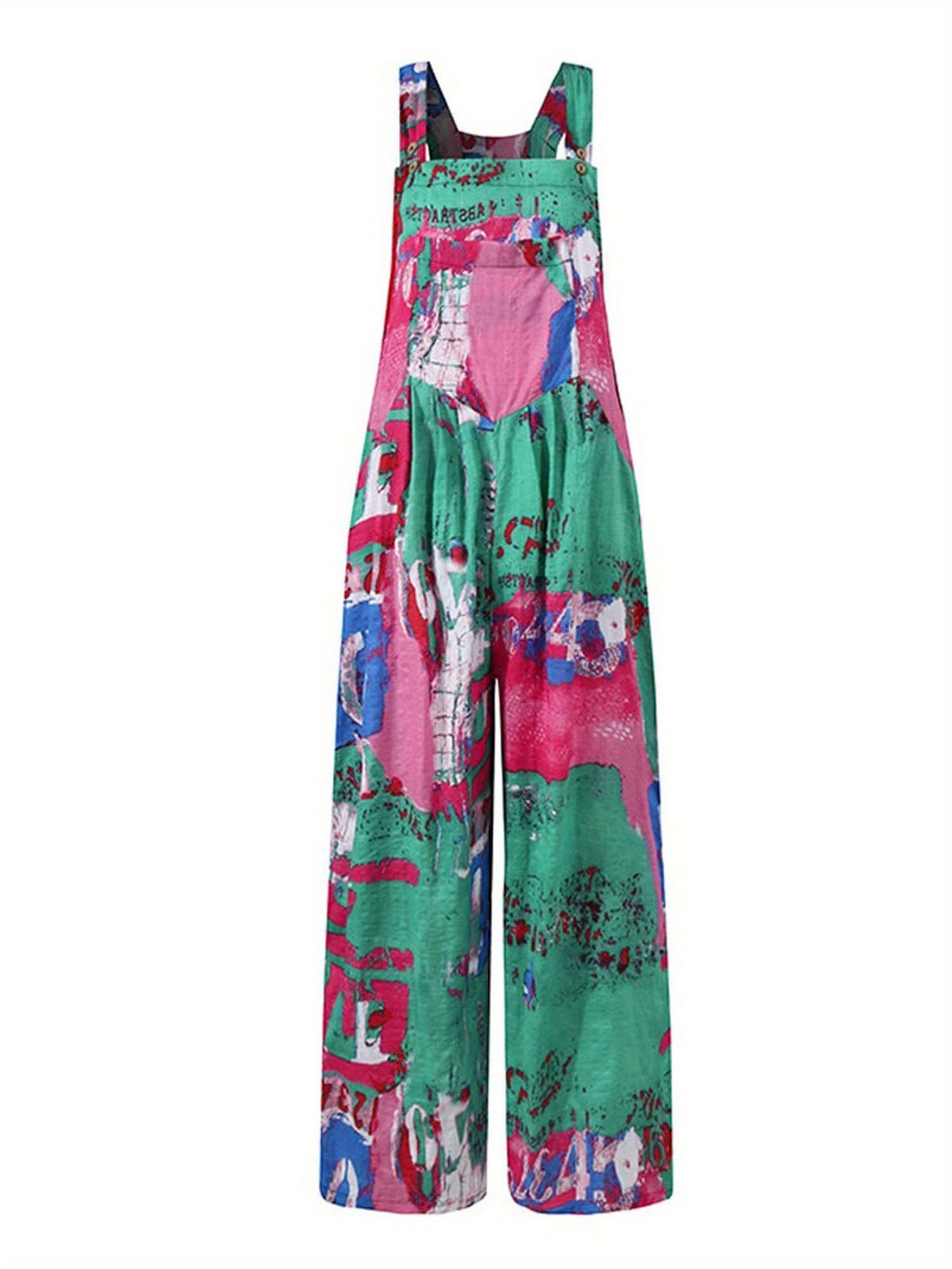 Allover Print Square Neck Overall Jumpsuit, Casual Loose Wide Leg Overall Jumpsuit With Pocket, Women's Clothing