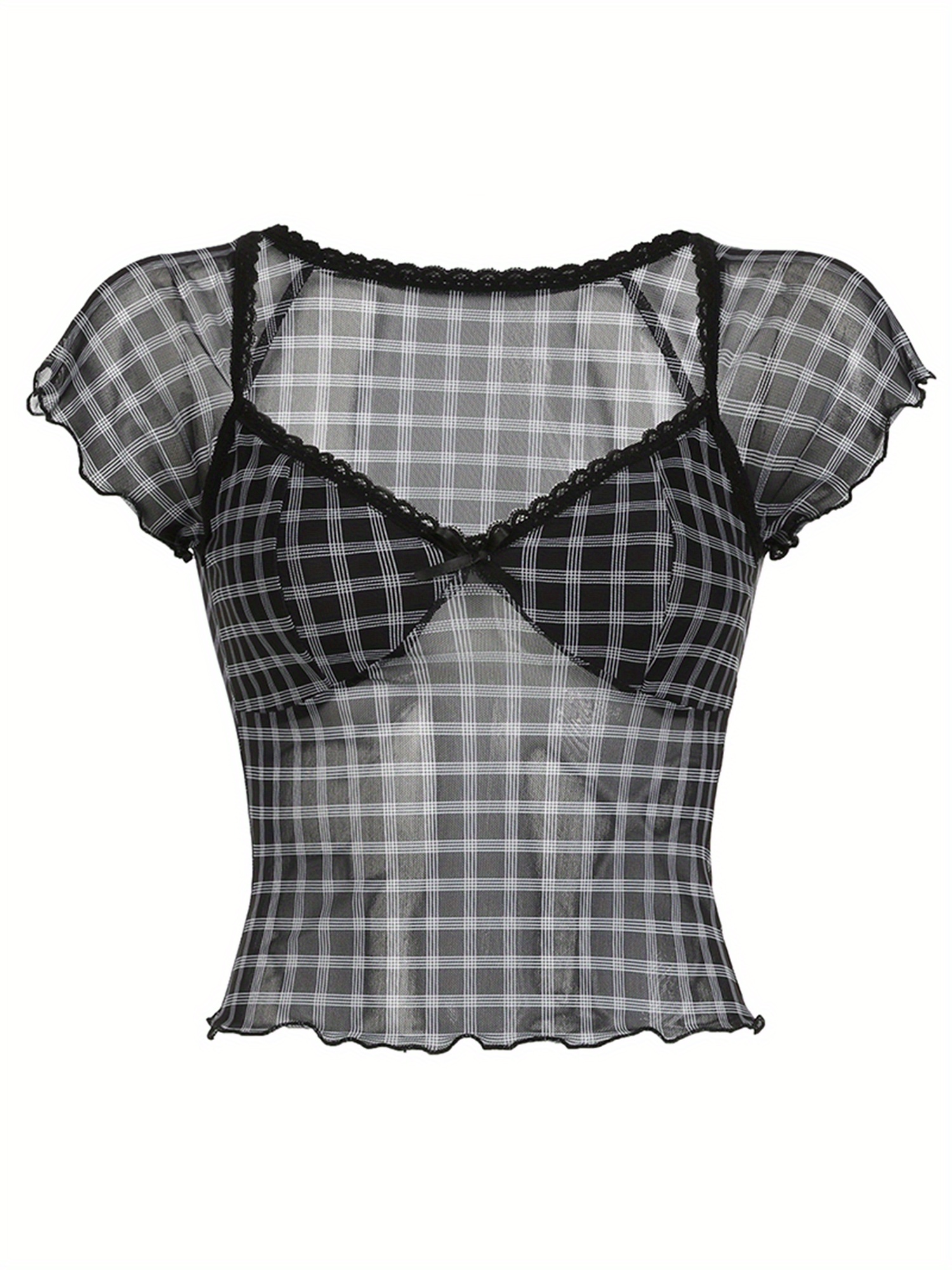 Women Crop Basic T-Shirts Summer Lettuce Trim Plaid Print Short Sleeve Tops for Streetwear Aesthetic Grunge Clothes