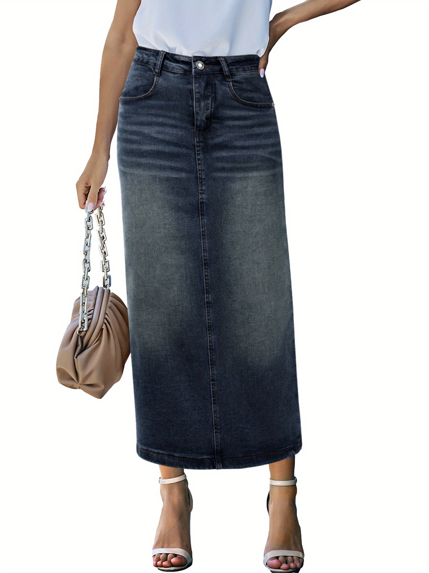 Plain Washed Blue Whiskering Casual Style High Rise Maxi Denim Skirt, Women's Denim Jeans & Clothing