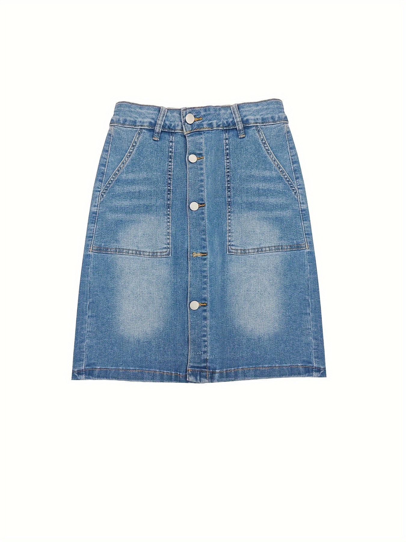 Single-breasted Button Fly Plain Washed Blue Split Sexy Denim Skirt, Women's Denim Jeans & Clothing