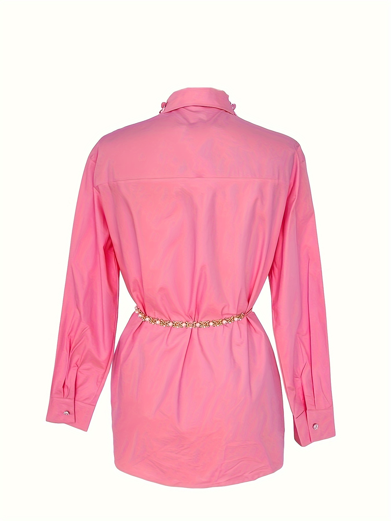 Women's Casual Comfy Vibrant Shirt-100% Polyester, Long Sleeve, Chain Belt, Rhinestone Trim Neckline, Single Breasted, Straight Hem-perfect For Work&vacation