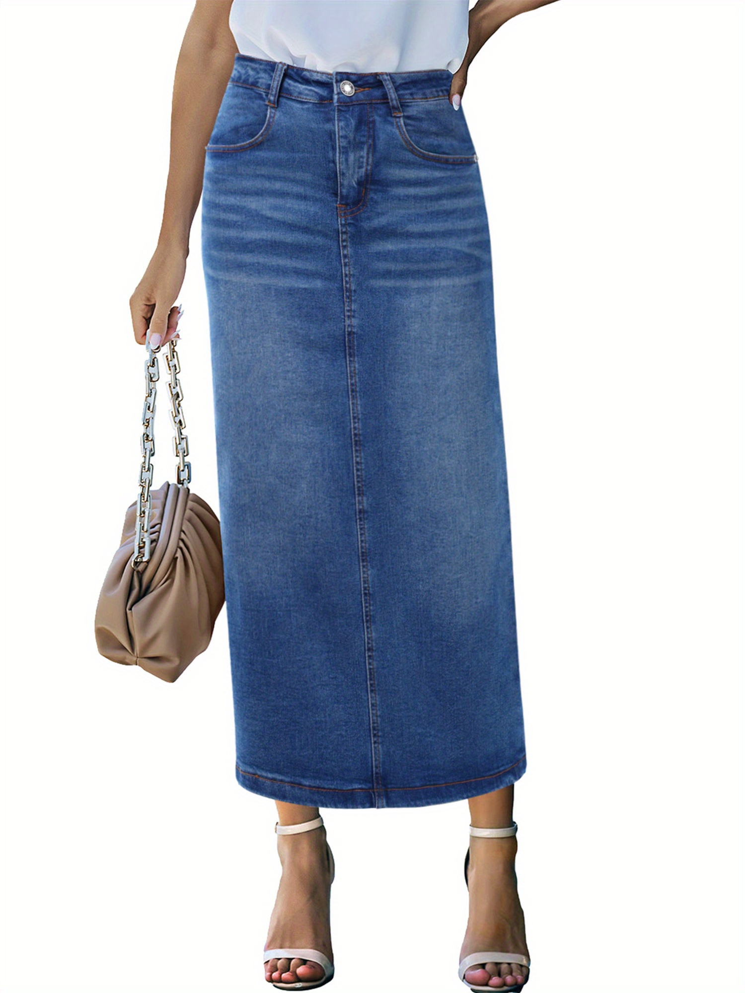 Plain Washed Blue Whiskering Casual Style High Rise Maxi Denim Skirt, Women's Denim Jeans & Clothing